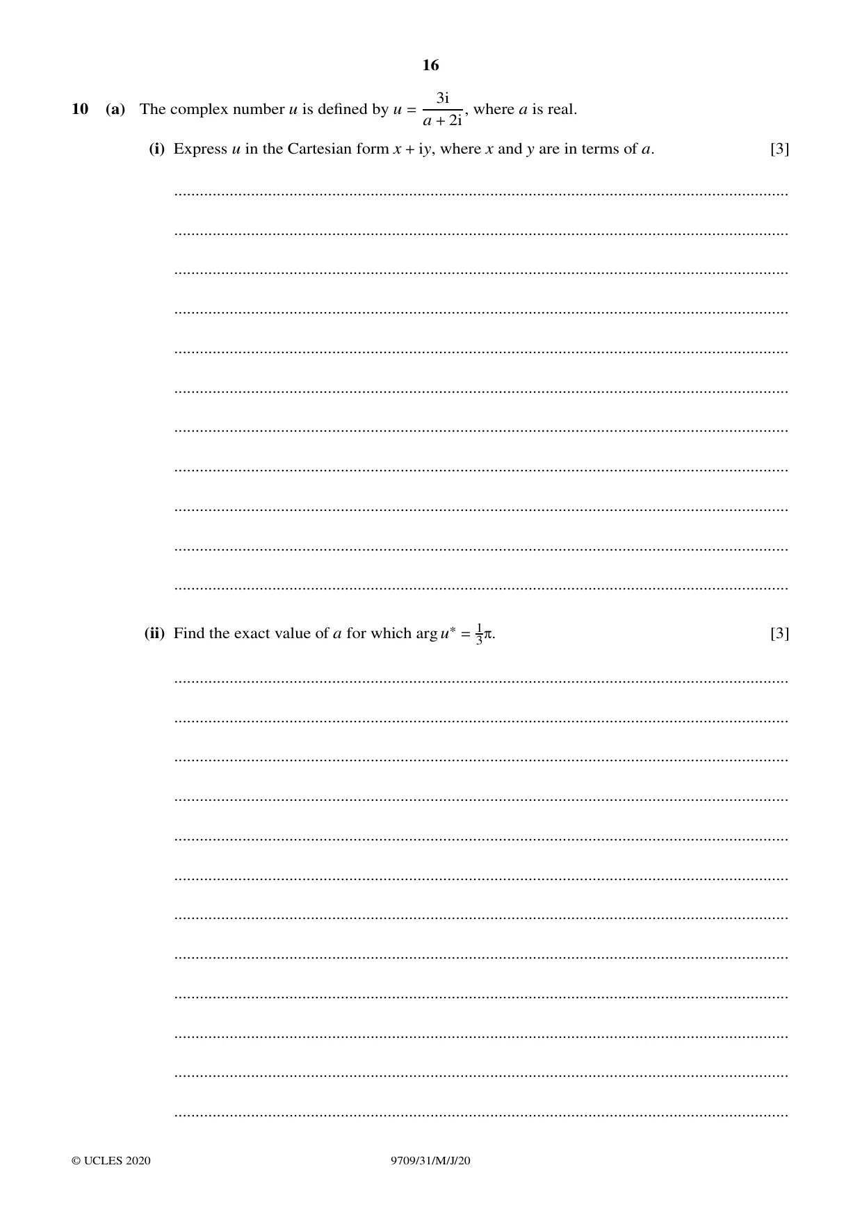 Cambridge A Level Mathematics 9709 2020 May/June Paper 3 · Variant 1 question paper, page 16 of 20