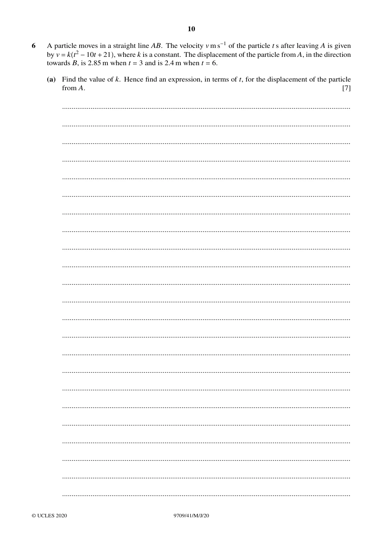 Cambridge A Level Mathematics 9709 2020 May/June Paper 4 · Variant 1 question paper, page 10 of 16