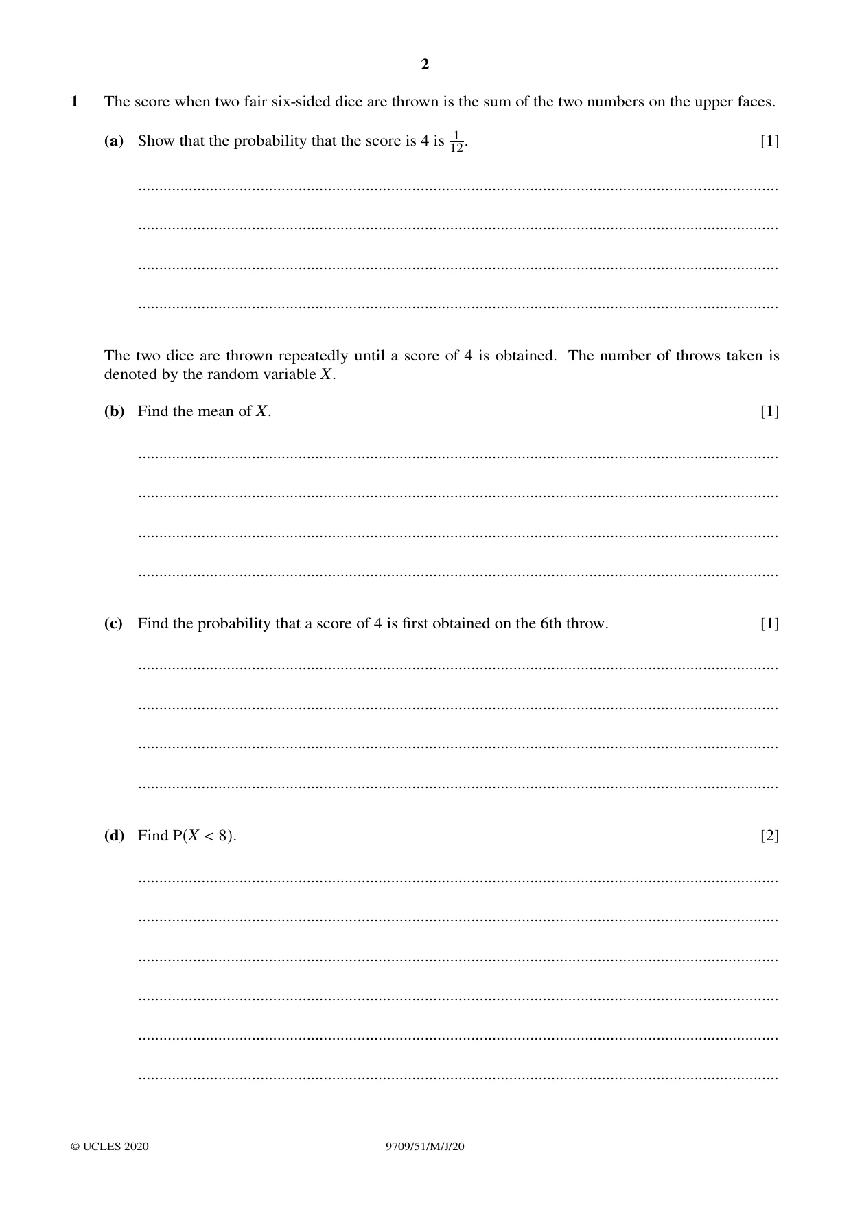 Cambridge A Level Mathematics 9709 2020 May/June Paper 5 · Variant 1 question paper, page 2 of 16