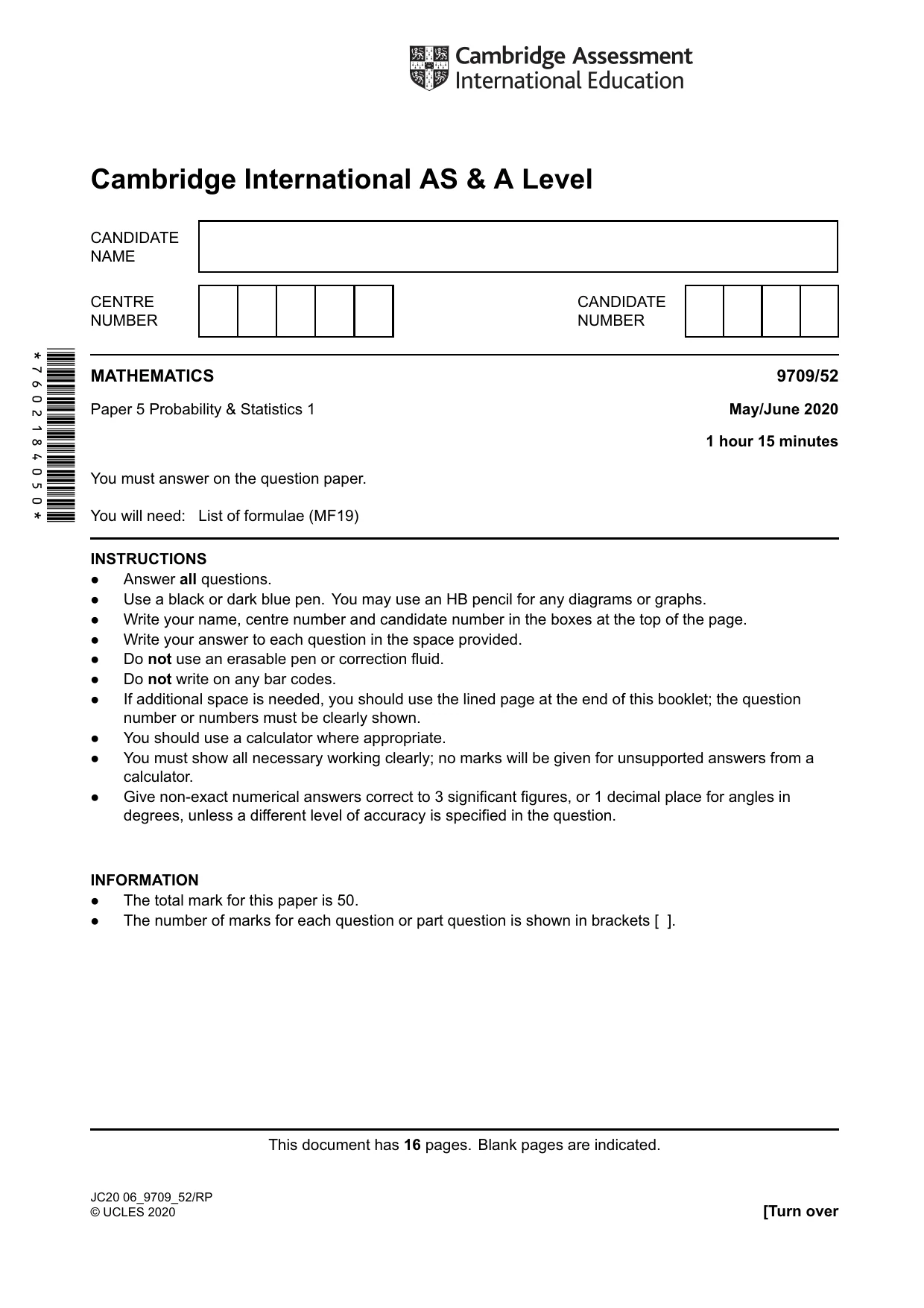 Cambridge A Level Mathematics 9709 2020 May/June Paper 5 · Variant 2 question paper, page 1 of 16