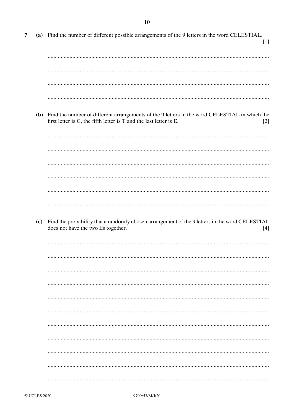 Cambridge A Level Mathematics 9709 2020 May/June Paper 5 · Variant 3 question paper, page 10 of 12
