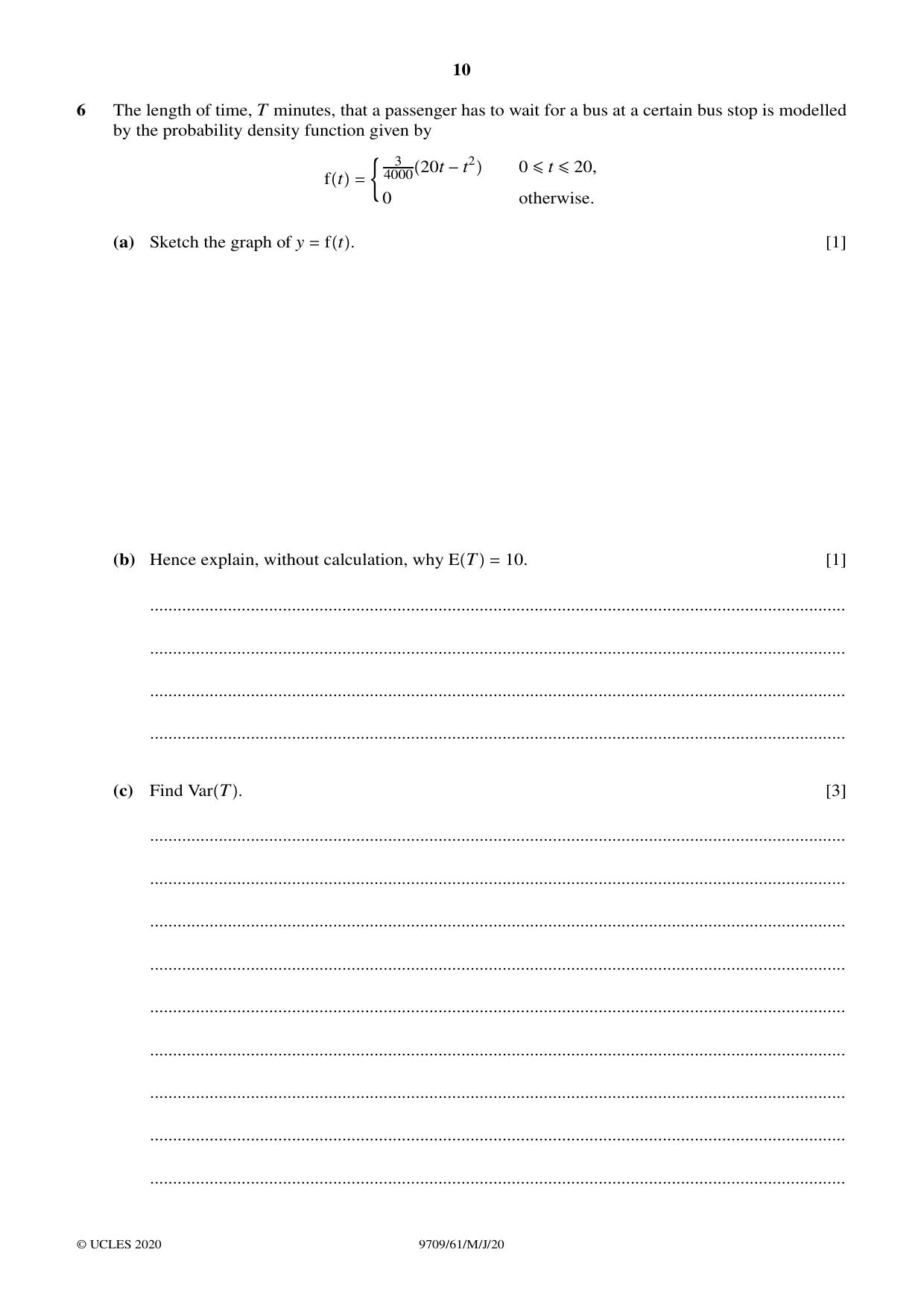 Cambridge A Level Mathematics 9709 2020 May/June Paper 6 · Variant 1 question paper, page 10 of 12
