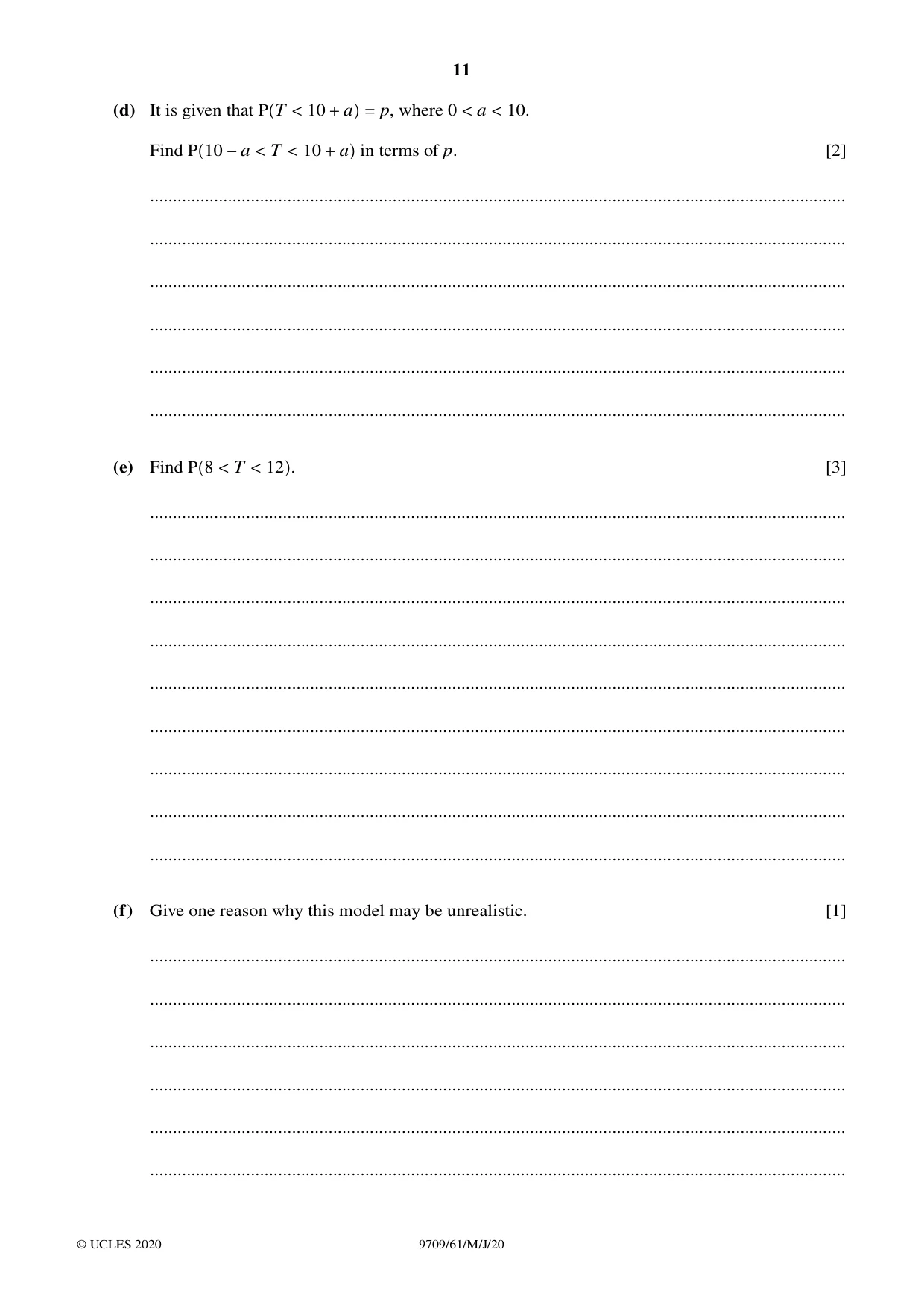 Cambridge A Level Mathematics 9709 2020 May/June Paper 6 · Variant 1 question paper, page 11 of 12