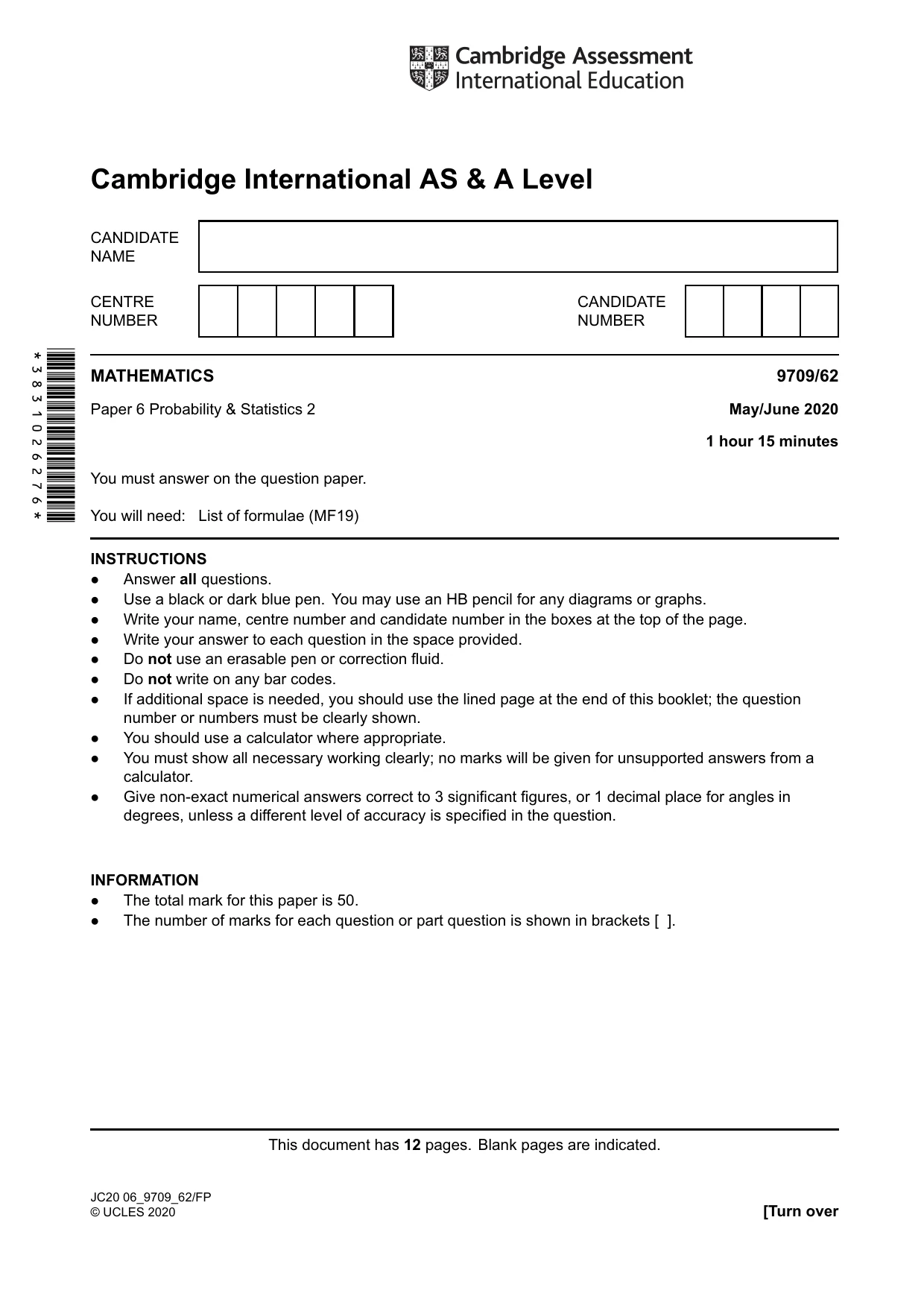 Cambridge A Level Mathematics 9709 2020 May/June Paper 6 · Variant 2 question paper, page 1 of 12