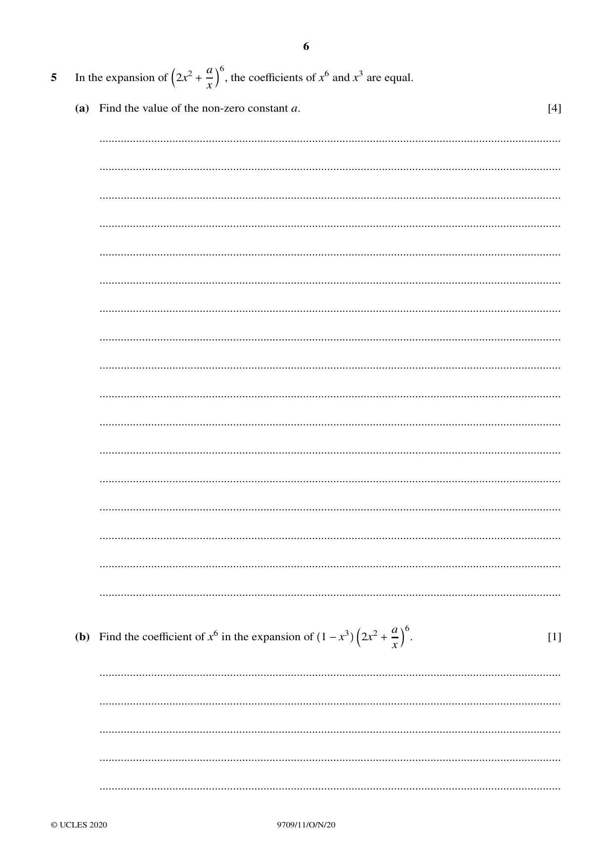 Cambridge A Level Mathematics 9709 2020 Oct/Nov Paper 1 · Variant 1 question paper, page 6 of 20