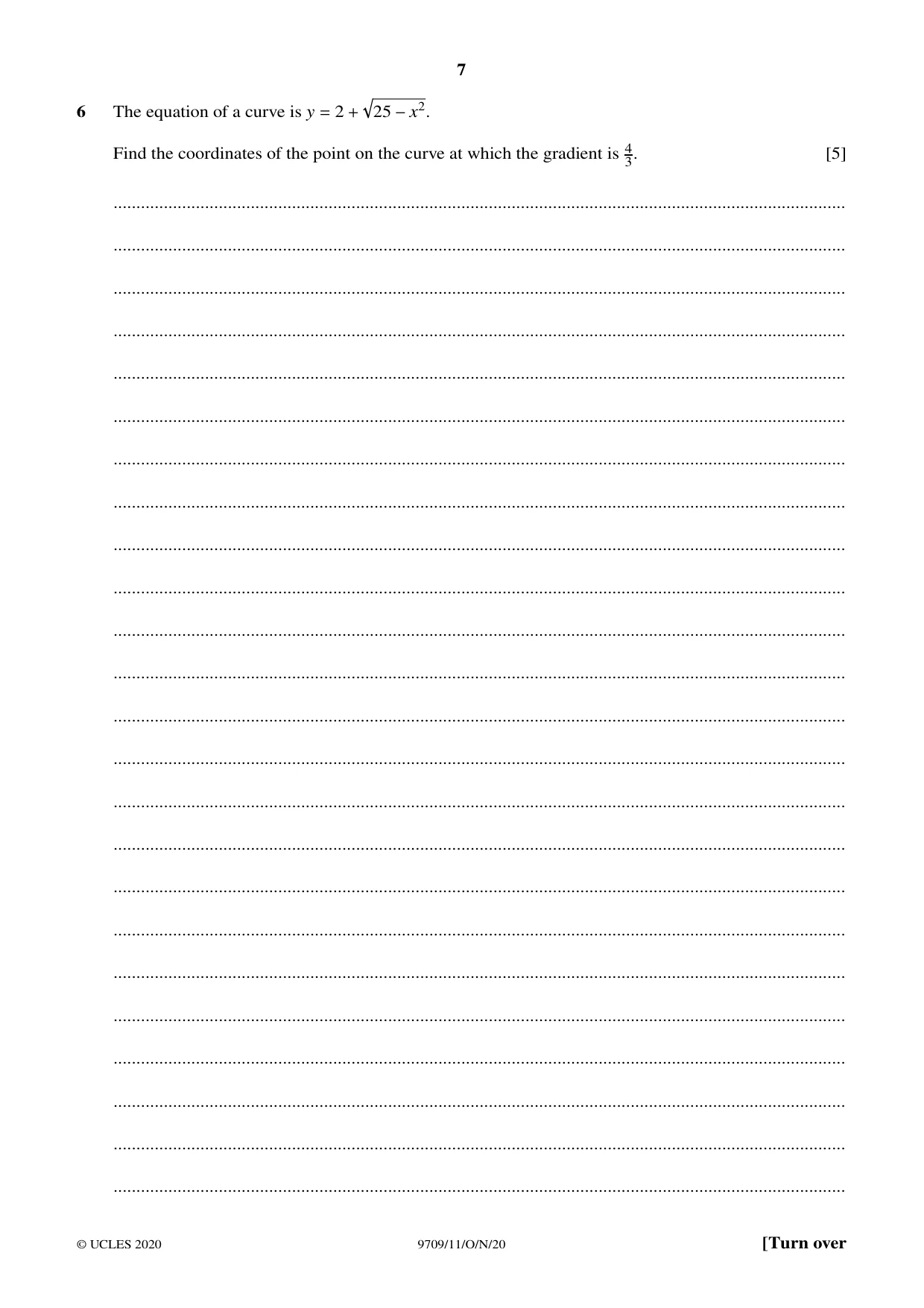 Cambridge A Level Mathematics 9709 2020 Oct/Nov Paper 1 · Variant 1 question paper, page 7 of 20