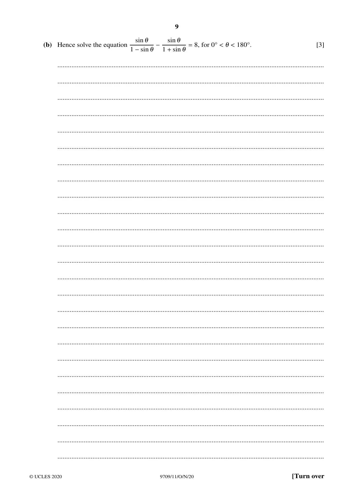 Cambridge A Level Mathematics 9709 2020 Oct/Nov Paper 1 · Variant 1 question paper, page 9 of 20