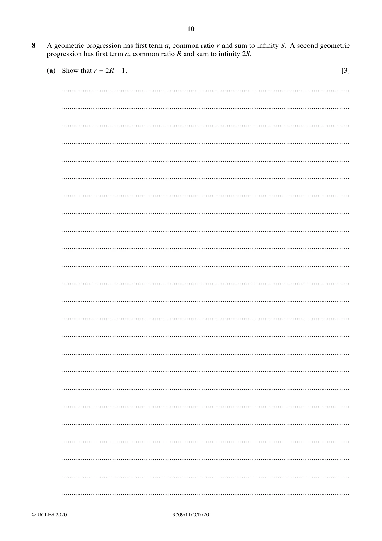Cambridge A Level Mathematics 9709 2020 Oct/Nov Paper 1 · Variant 1 question paper, page 10 of 20