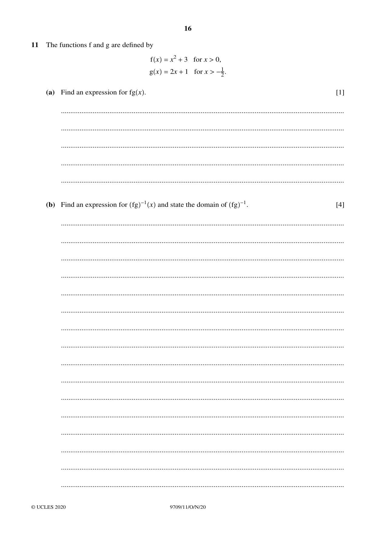 Cambridge A Level Mathematics 9709 2020 Oct/Nov Paper 1 · Variant 1 question paper, page 16 of 20