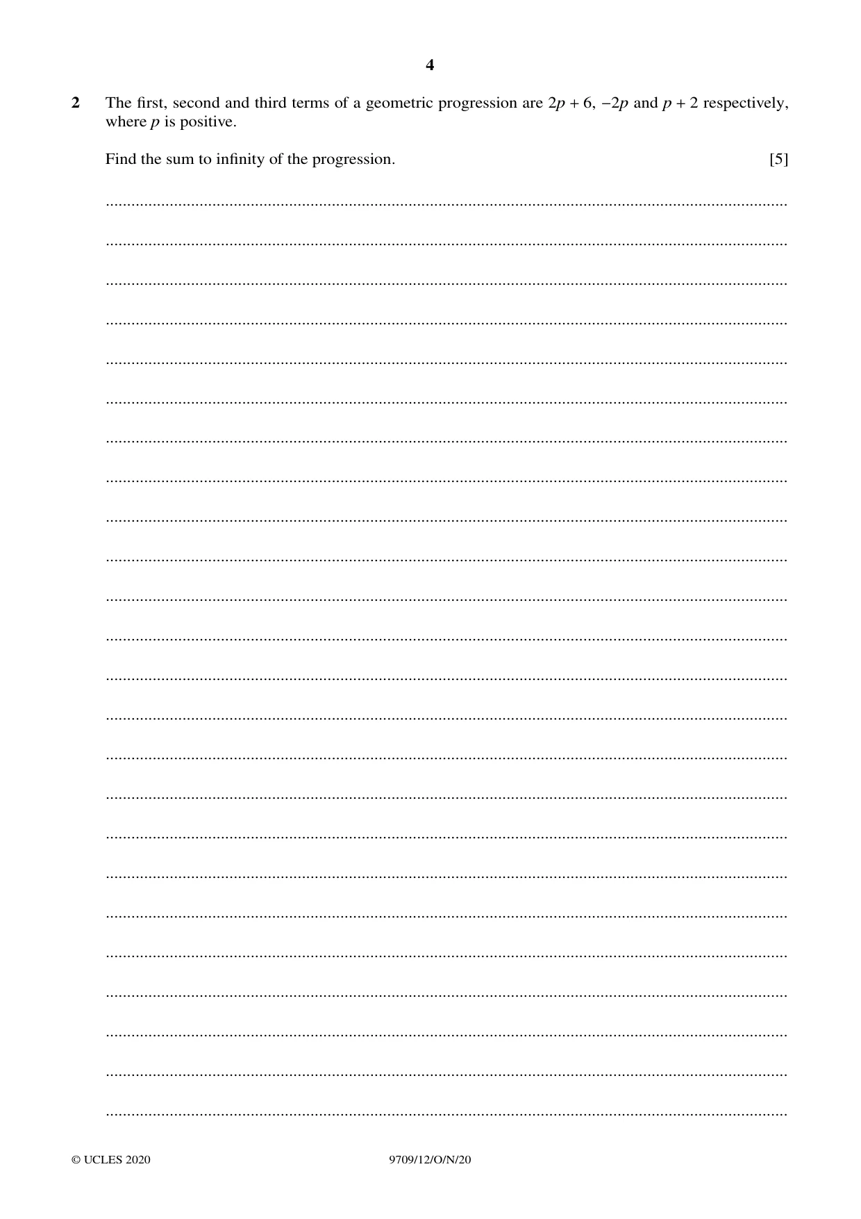 Cambridge A Level Mathematics 9709 2020 Oct/Nov Paper 1 · Variant 2 question paper, page 4 of 20