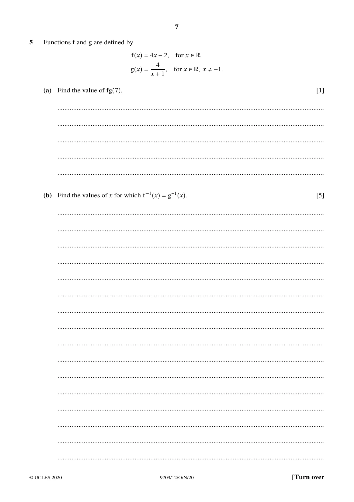 Cambridge A Level Mathematics 9709 2020 Oct/Nov Paper 1 · Variant 2 question paper, page 7 of 20
