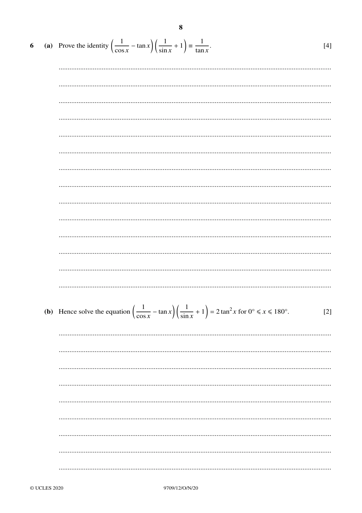 Cambridge A Level Mathematics 9709 2020 Oct/Nov Paper 1 · Variant 2 question paper, page 8 of 20
