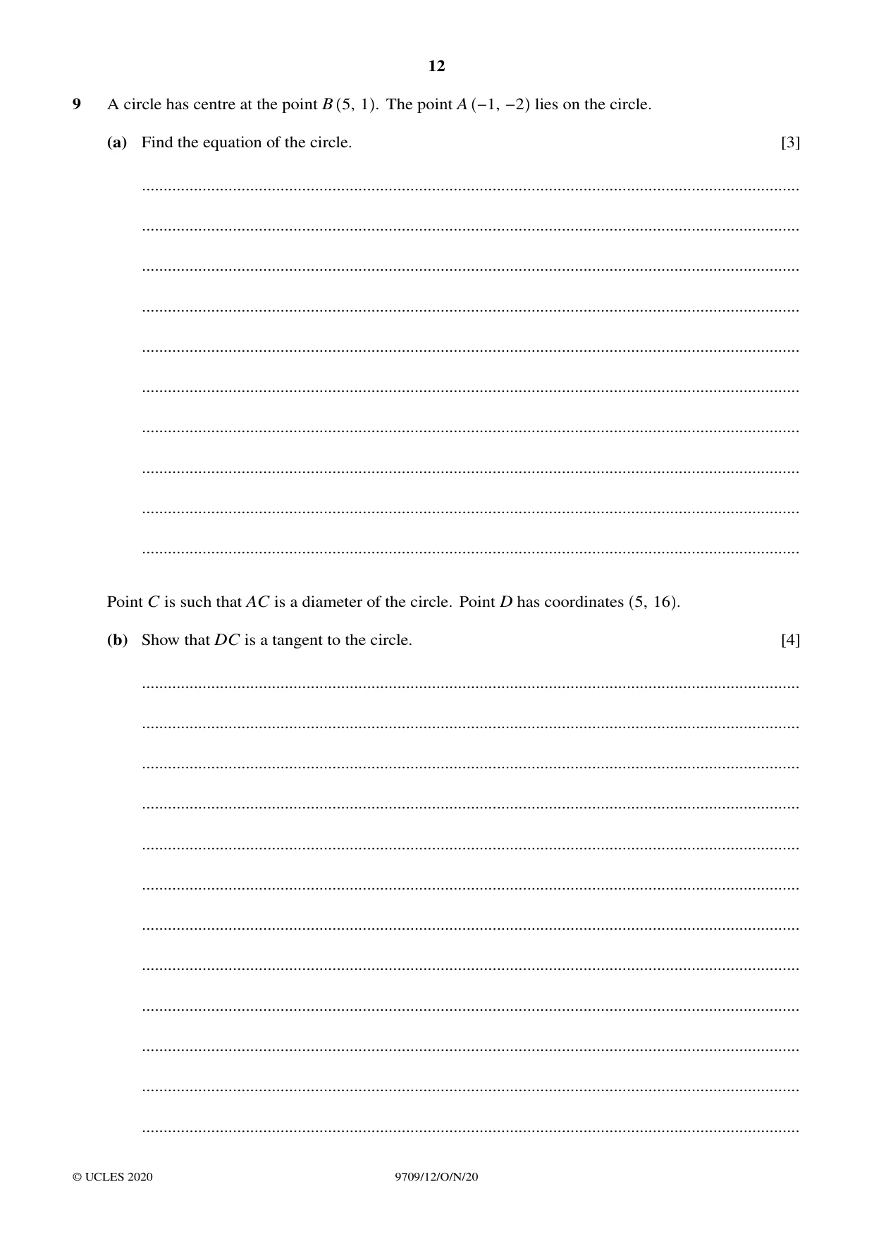 Cambridge A Level Mathematics 9709 2020 Oct/Nov Paper 1 · Variant 2 question paper, page 12 of 20