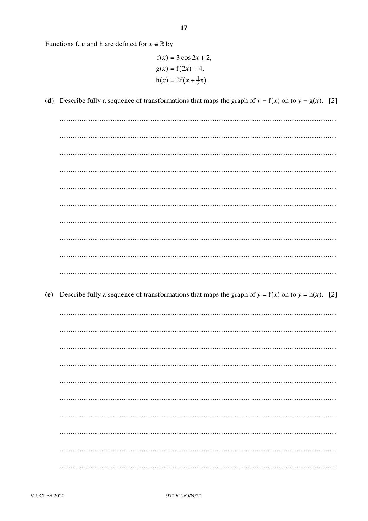 Cambridge A Level Mathematics 9709 2020 Oct/Nov Paper 1 · Variant 2 question paper, page 17 of 20