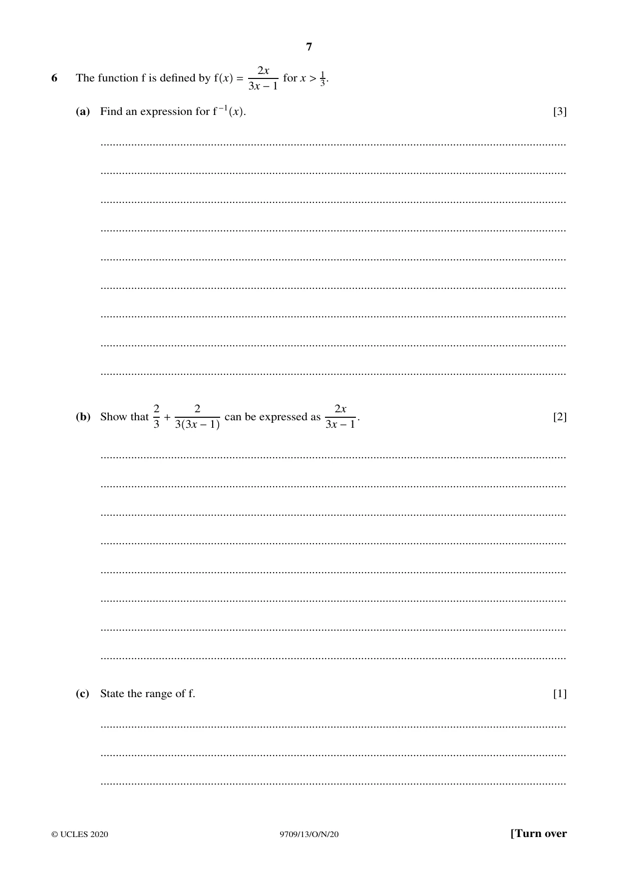 Cambridge A Level Mathematics 9709 2020 Oct/Nov Paper 1 · Variant 3 question paper, page 7 of 20