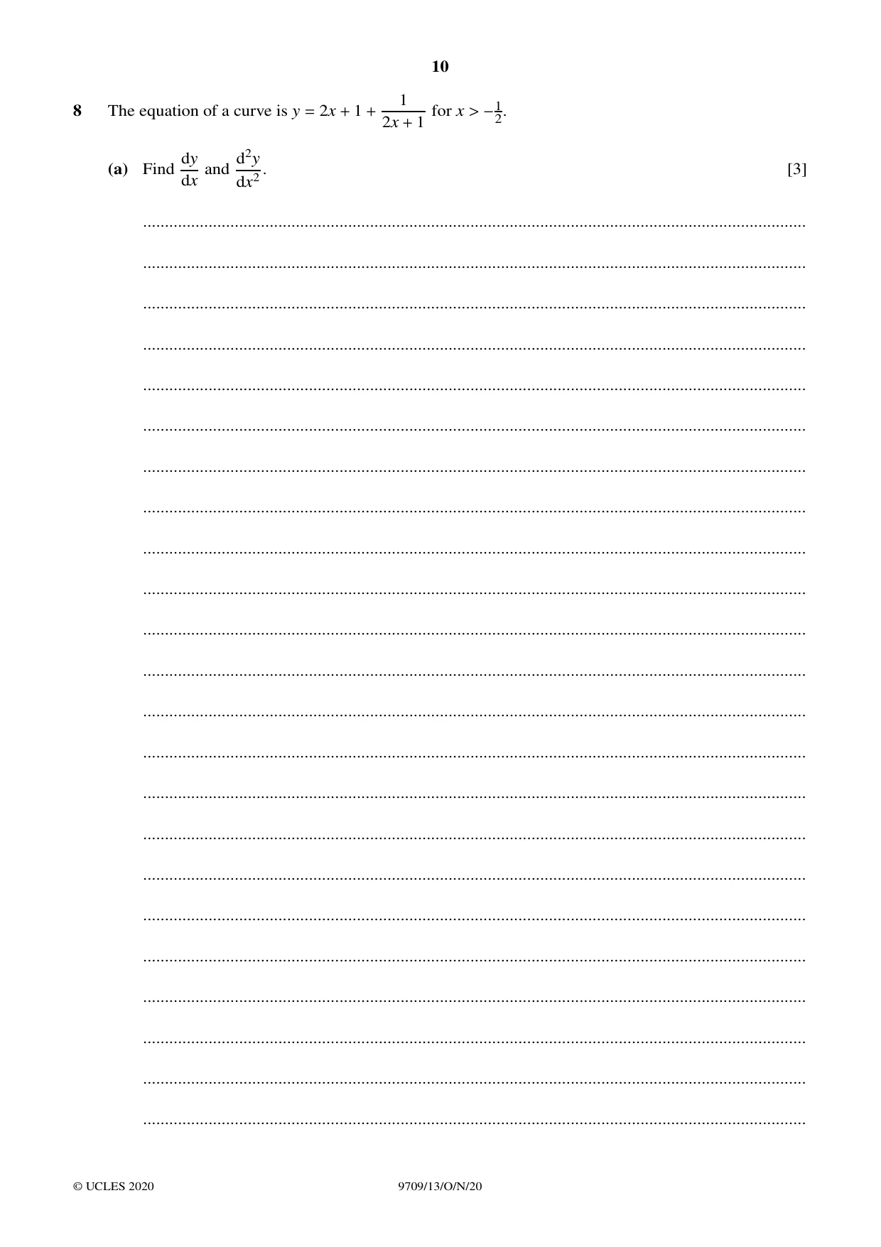 Cambridge A Level Mathematics 9709 2020 Oct/Nov Paper 1 · Variant 3 question paper, page 10 of 20