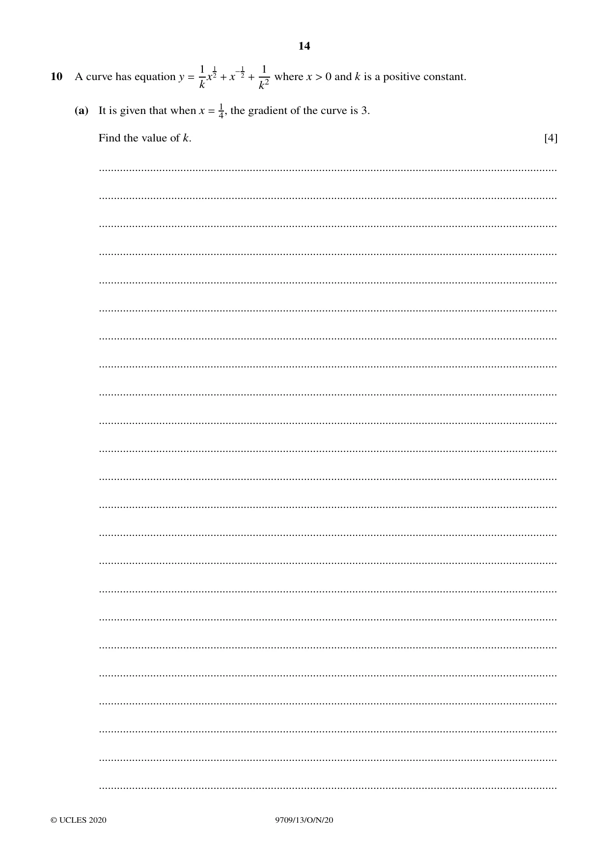 Cambridge A Level Mathematics 9709 2020 Oct/Nov Paper 1 · Variant 3 question paper, page 14 of 20