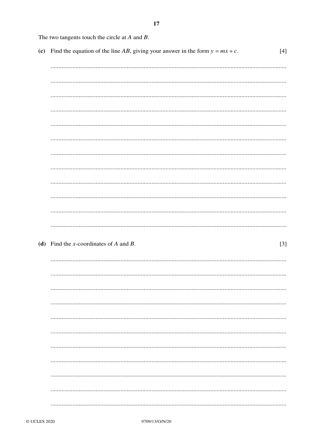 Cambridge A Level Mathematics 9709 2020 Oct/Nov Paper 1 · Variant 3 question paper, page 17 of 20