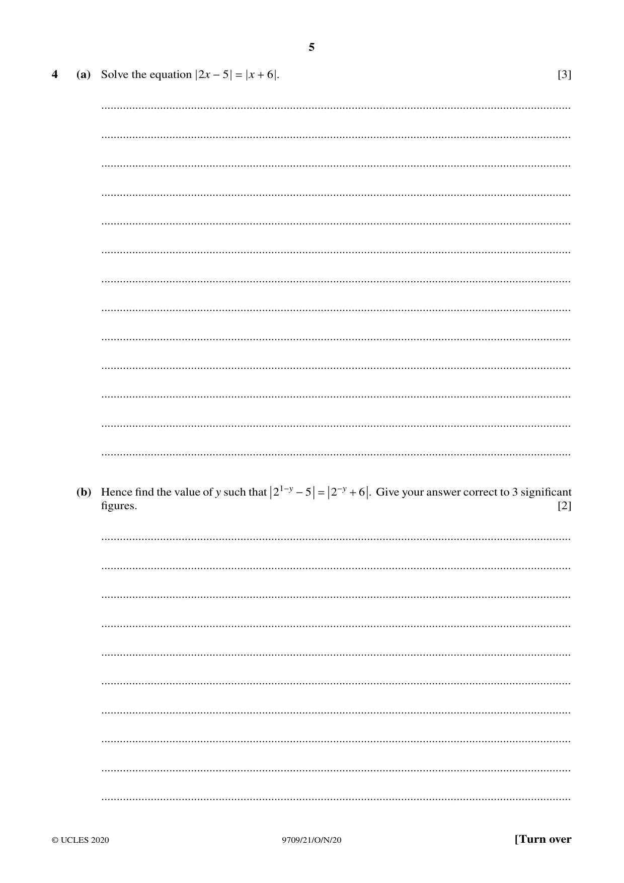 Cambridge A Level Mathematics 9709 2020 Oct/Nov Paper 2 · Variant 1 question paper, page 5 of 12