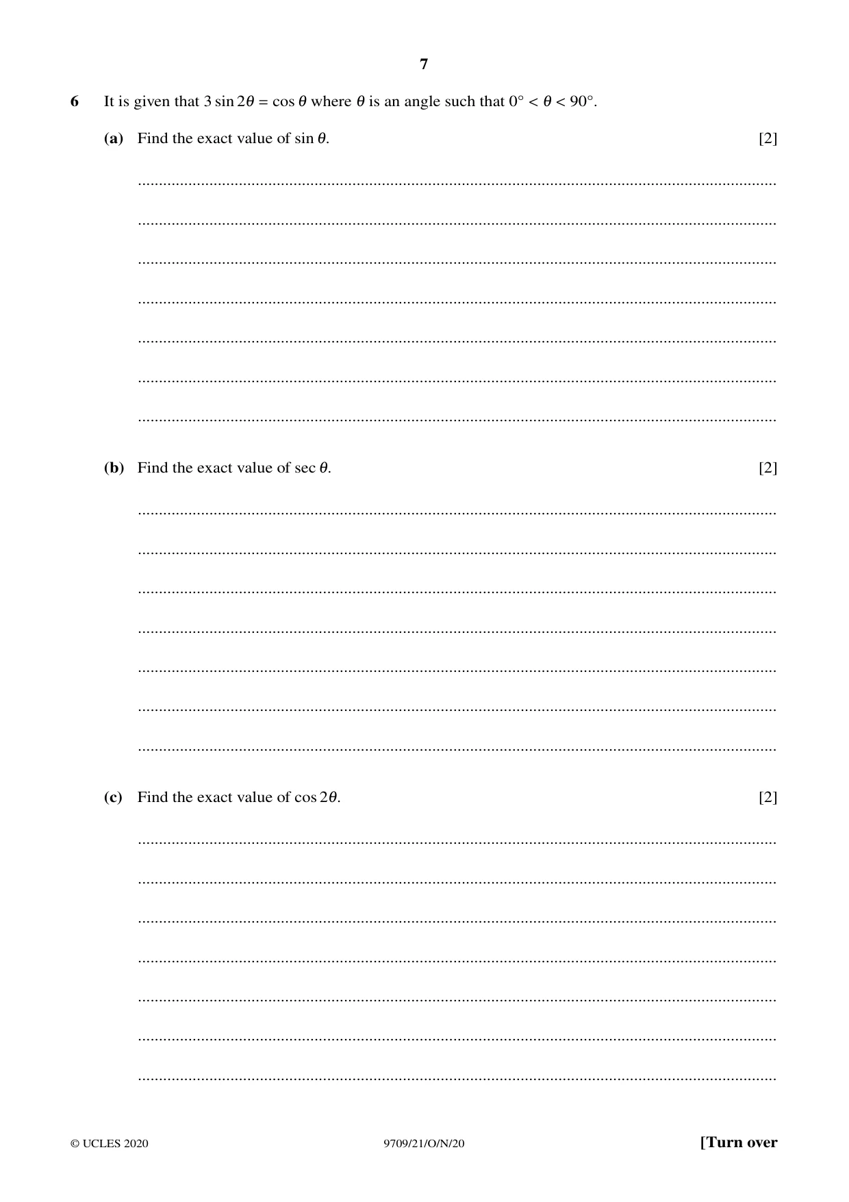 Cambridge A Level Mathematics 9709 2020 Oct/Nov Paper 2 · Variant 1 question paper, page 7 of 12
