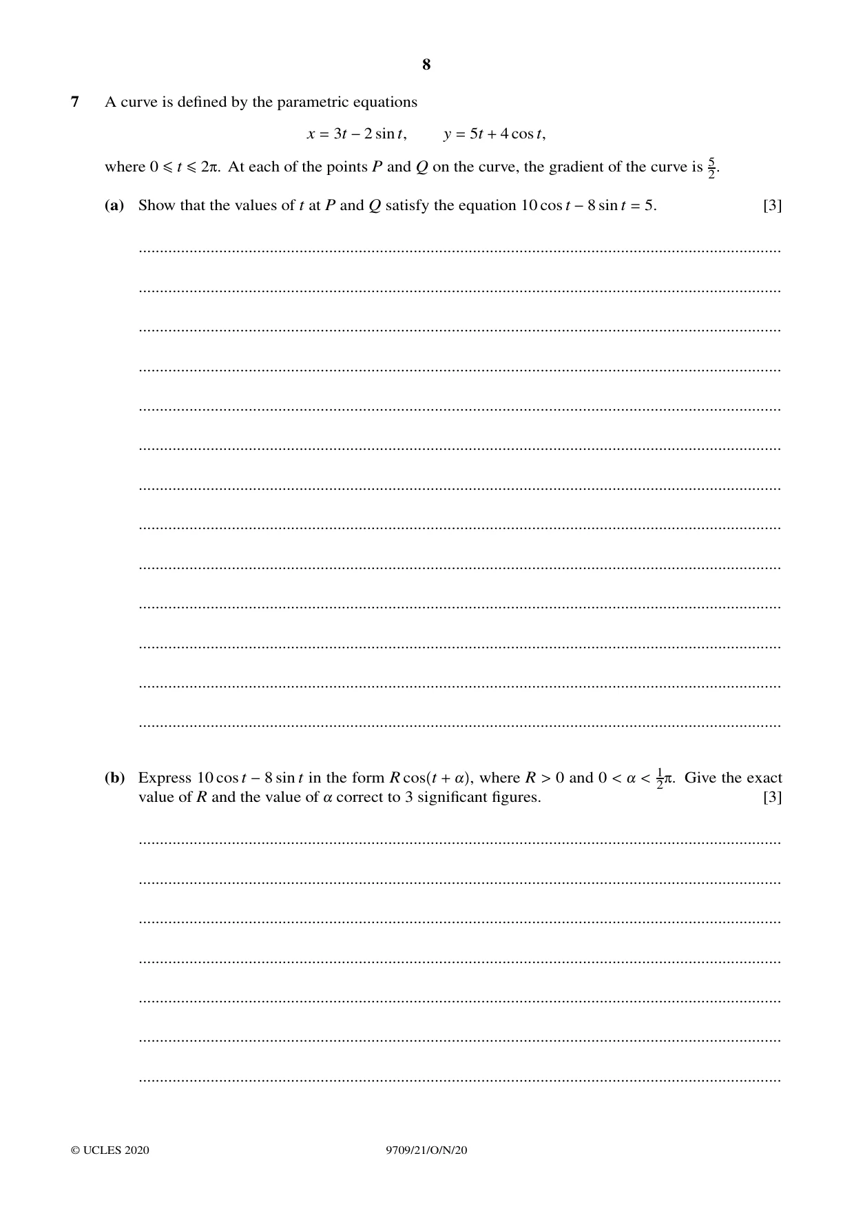 Cambridge A Level Mathematics 9709 2020 Oct/Nov Paper 2 · Variant 1 question paper, page 8 of 12