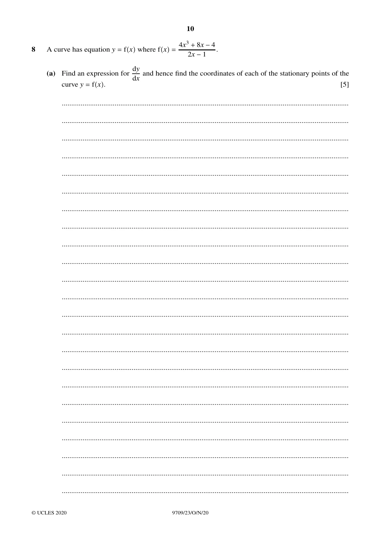 Cambridge A Level Mathematics 9709 2020 Oct/Nov Paper 2 · Variant 3 question paper, page 10 of 12