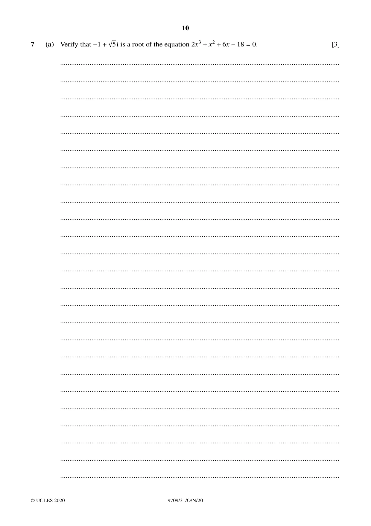 Cambridge A Level Mathematics 9709 2020 Oct/Nov Paper 3 · Variant 1 question paper, page 10 of 20