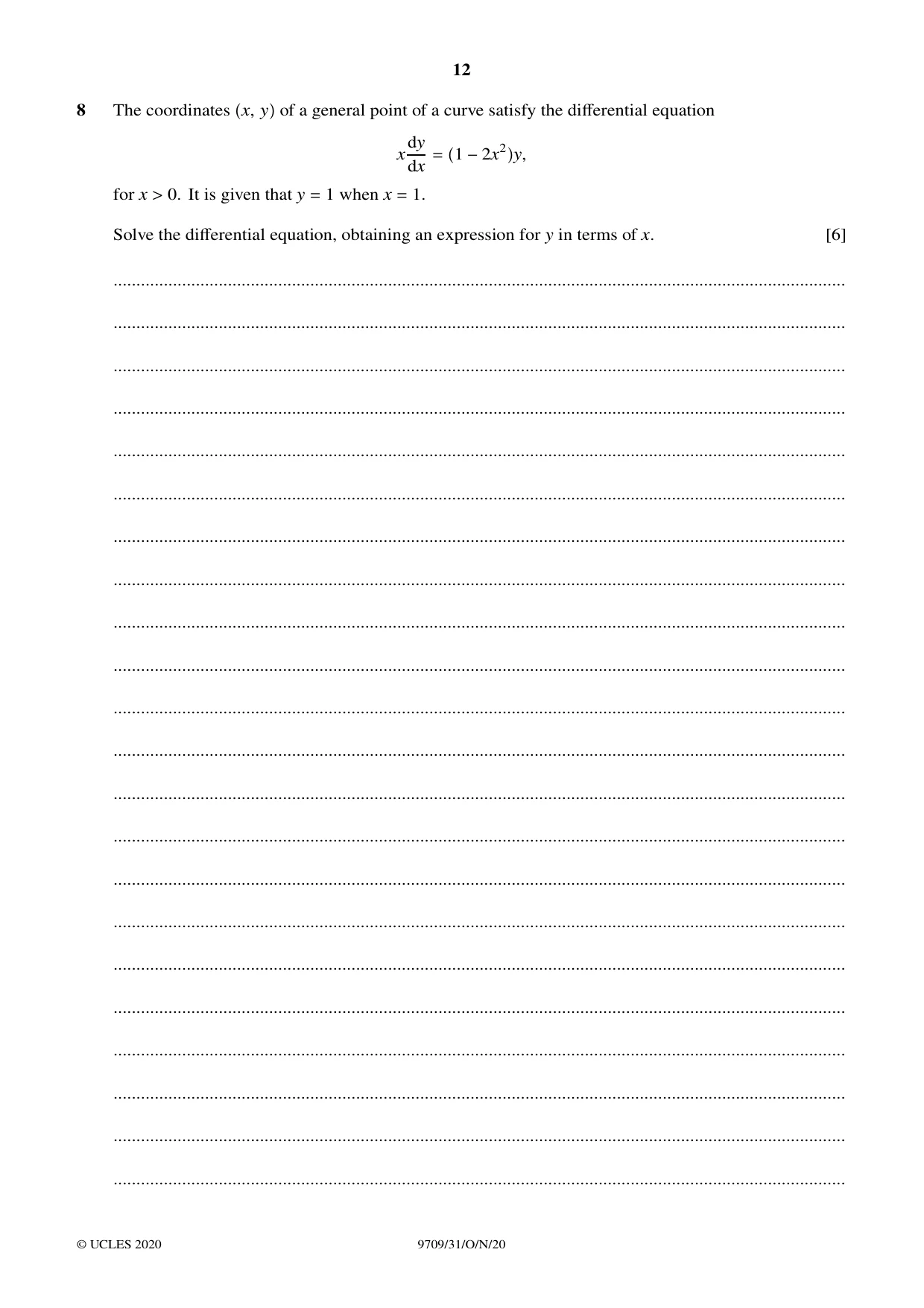 Cambridge A Level Mathematics 9709 2020 Oct/Nov Paper 3 · Variant 1 question paper, page 12 of 20