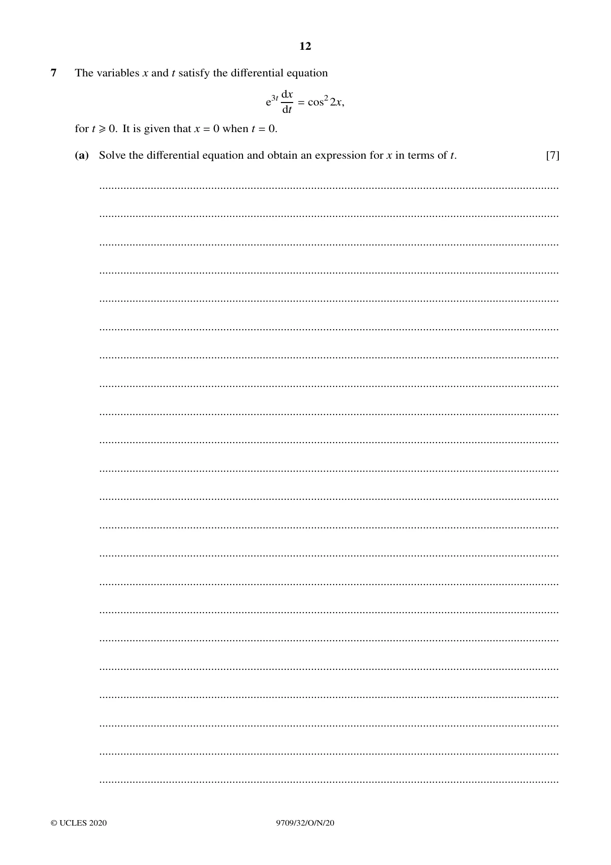 Cambridge A Level Mathematics 9709 2020 Oct/Nov Paper 3 · Variant 2 question paper, page 12 of 20