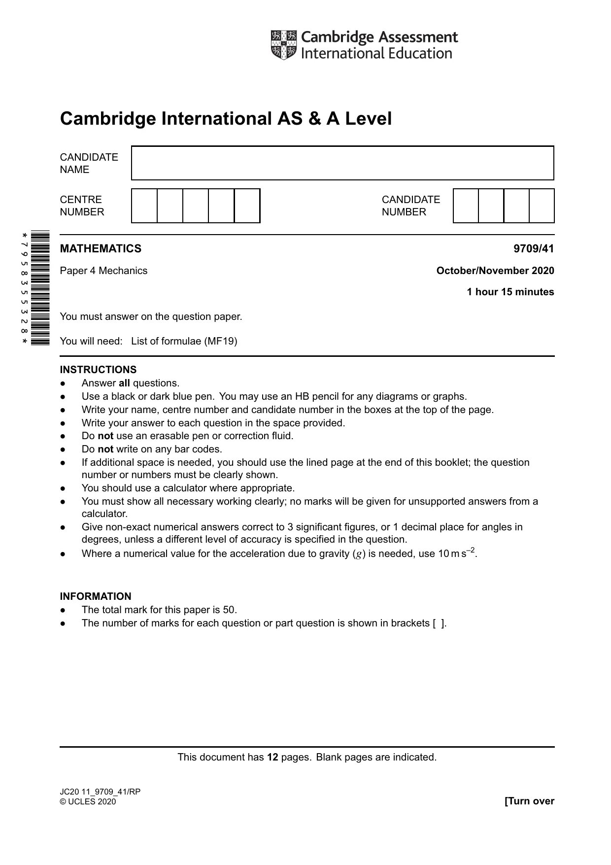 Cambridge A Level Mathematics 9709 2020 Oct/Nov Paper 4 · Variant 1 question paper, page 1 of 12