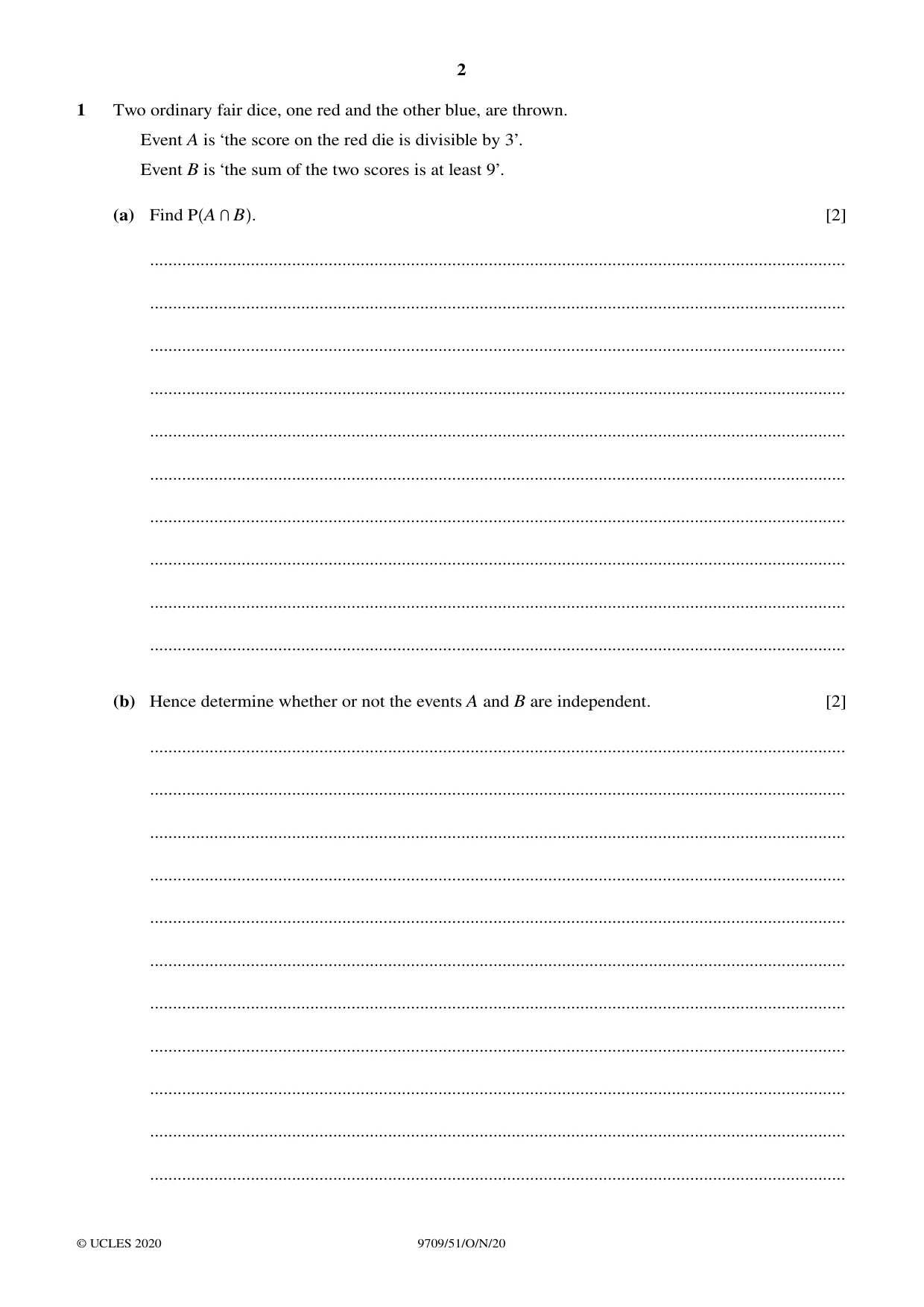 Cambridge A Level Mathematics 9709 2020 Oct/Nov Paper 5 · Variant 1 question paper, page 2 of 12