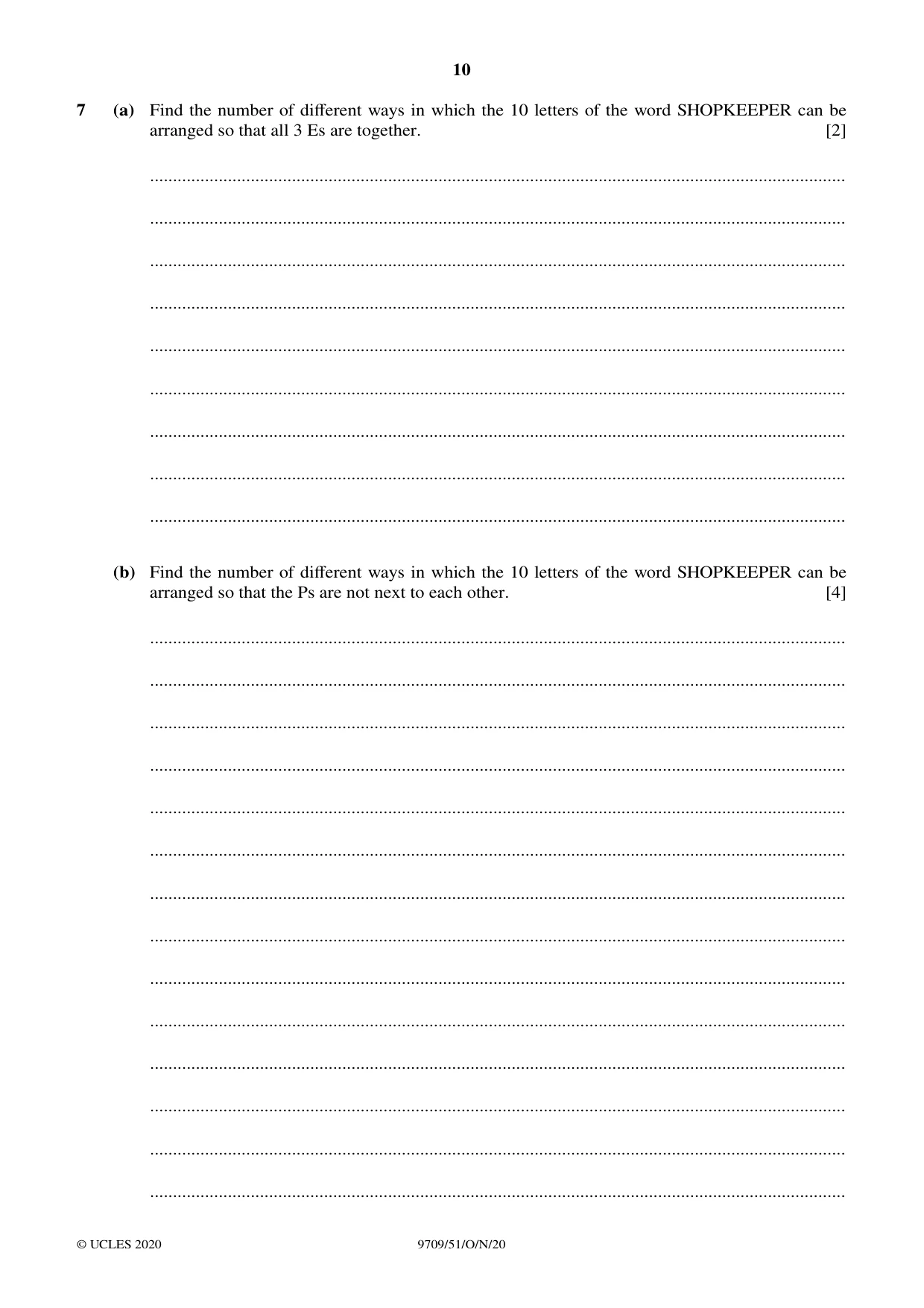 Cambridge A Level Mathematics 9709 2020 Oct/Nov Paper 5 · Variant 1 question paper, page 10 of 12