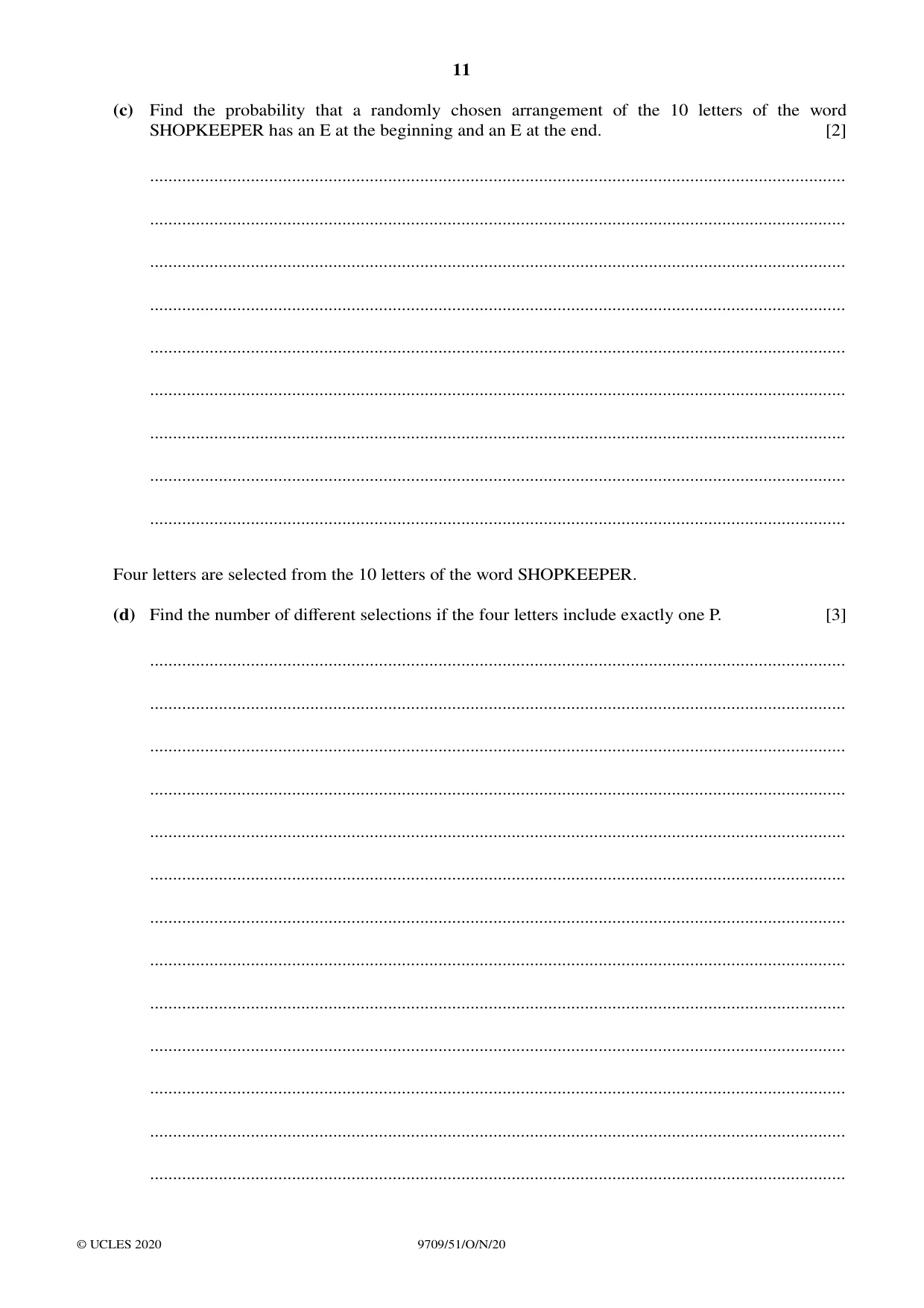 Cambridge A Level Mathematics 9709 2020 Oct/Nov Paper 5 · Variant 1 question paper, page 11 of 12
