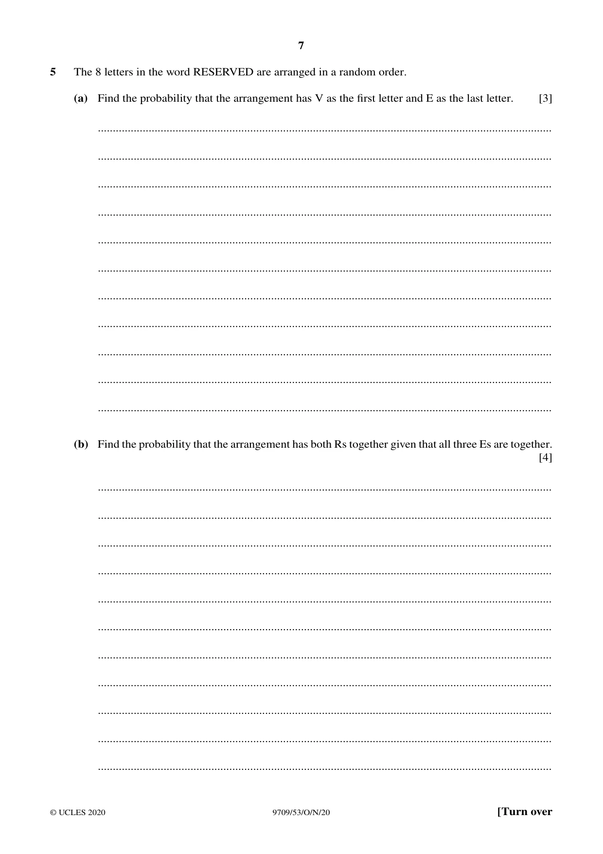 Cambridge A Level Mathematics 9709 2020 Oct/Nov Paper 5 · Variant 3 question paper, page 7 of 12