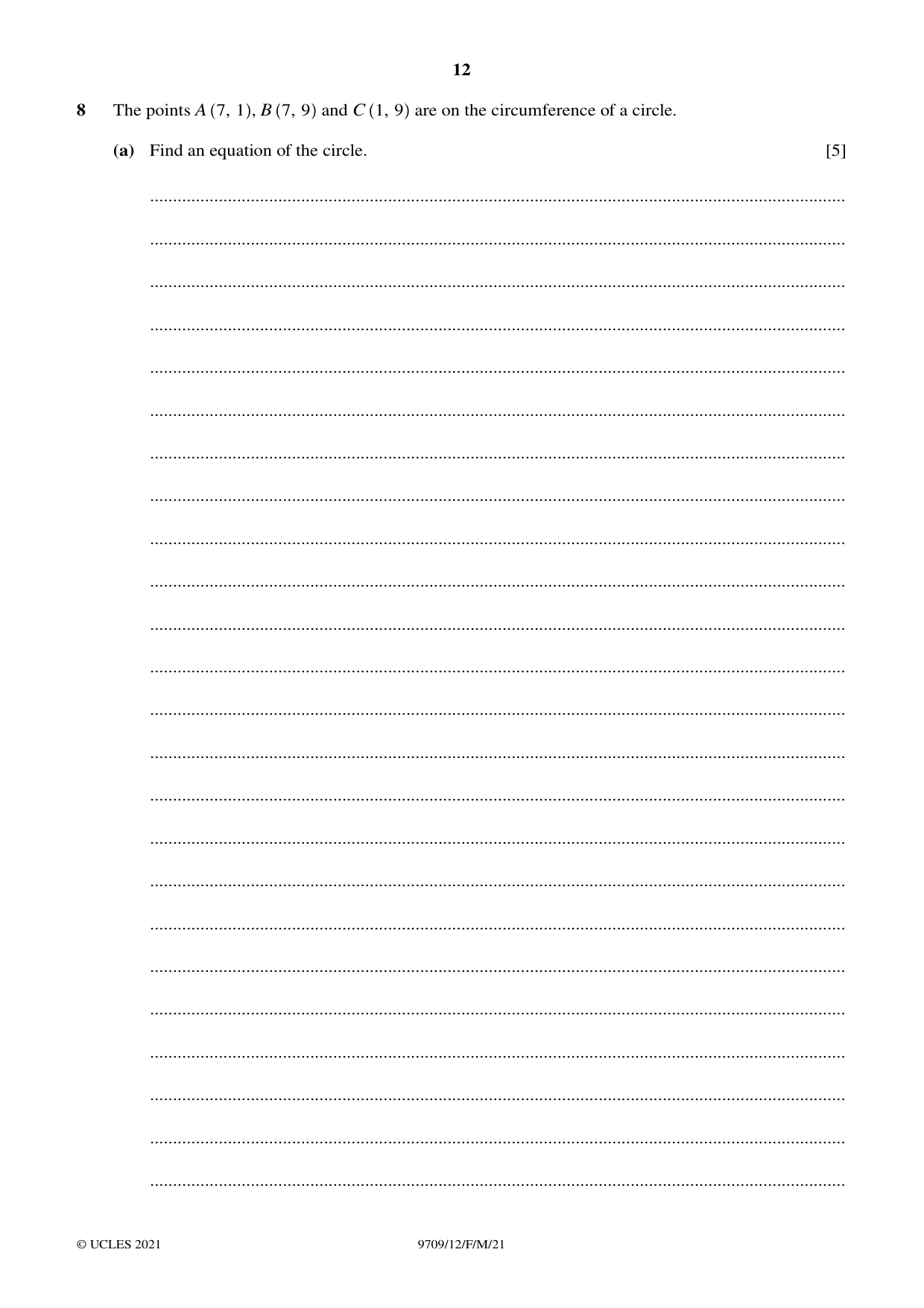 Cambridge A Level Mathematics 9709 2021 Feb/March Paper 1 · Variant 2 question paper, page 12 of 20