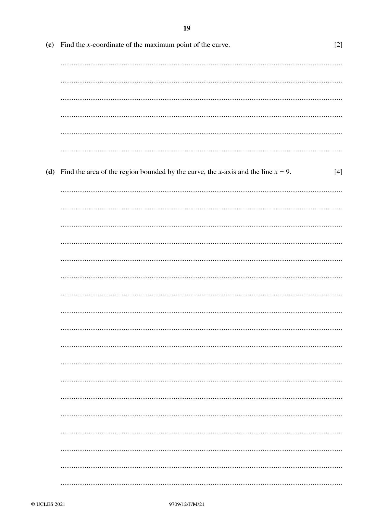 Cambridge A Level Mathematics 9709 2021 Feb/March Paper 1 · Variant 2 question paper, page 19 of 20