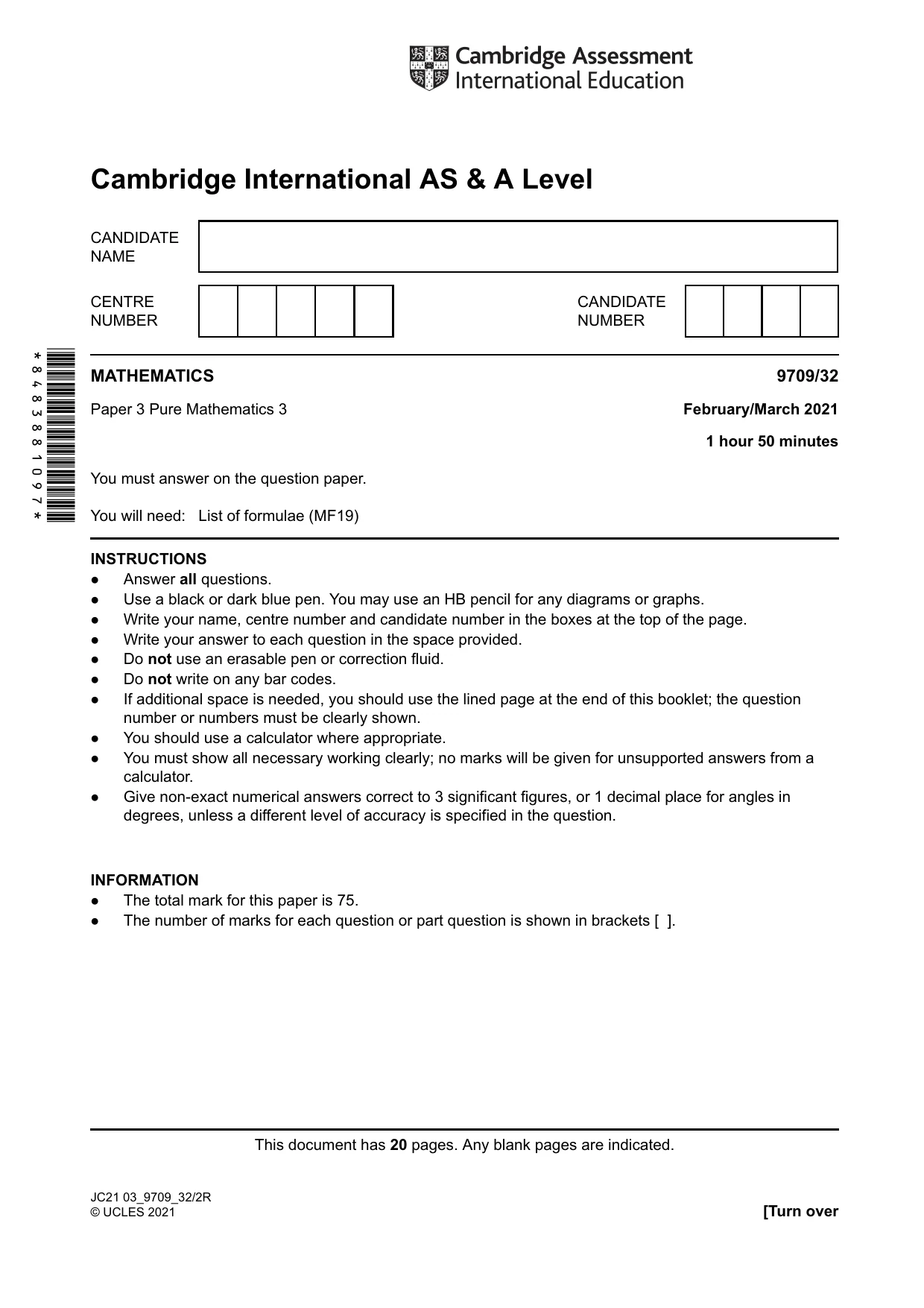 Cambridge A Level Mathematics 9709 2021 Feb/March Paper 3 · Variant 2 question paper, page 1 of 20