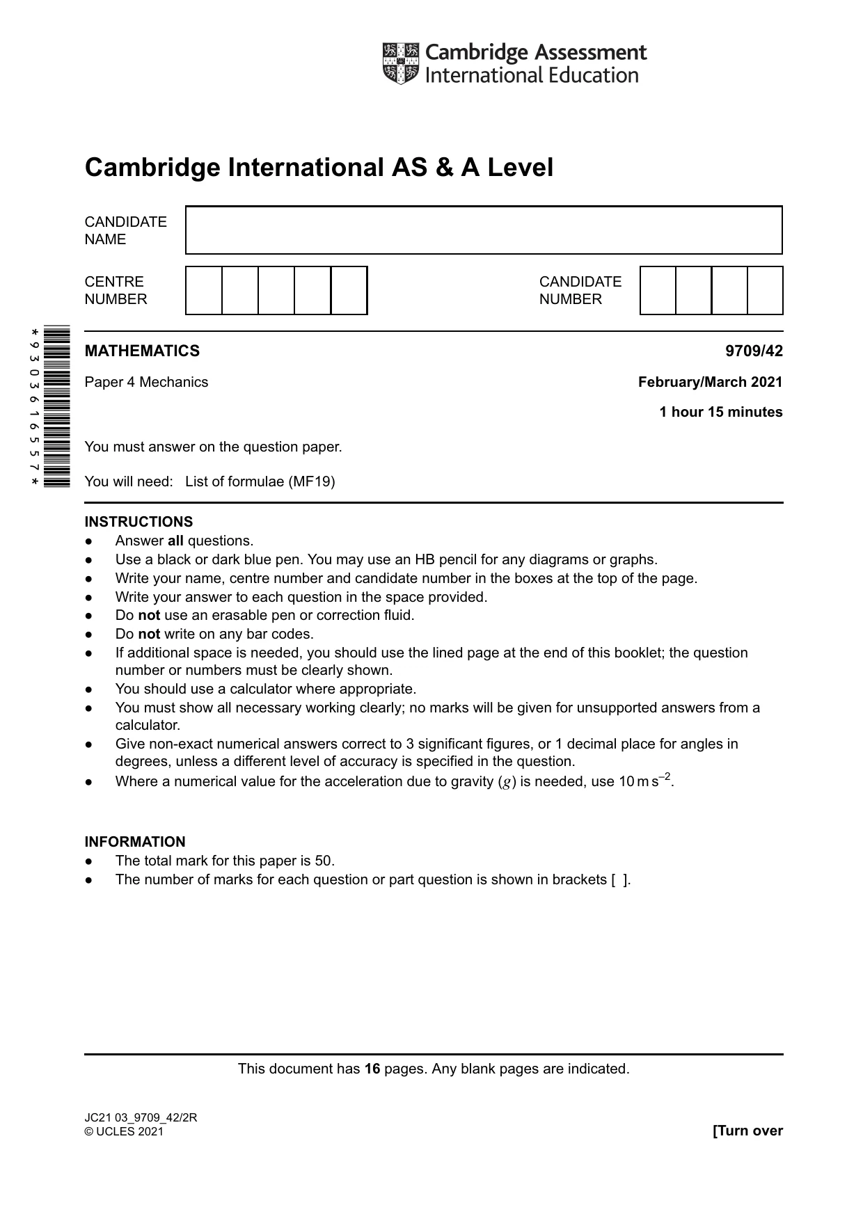 Cambridge A Level Mathematics 9709 2021 Feb/March Paper 4 · Variant 2 question paper, page 1 of 16