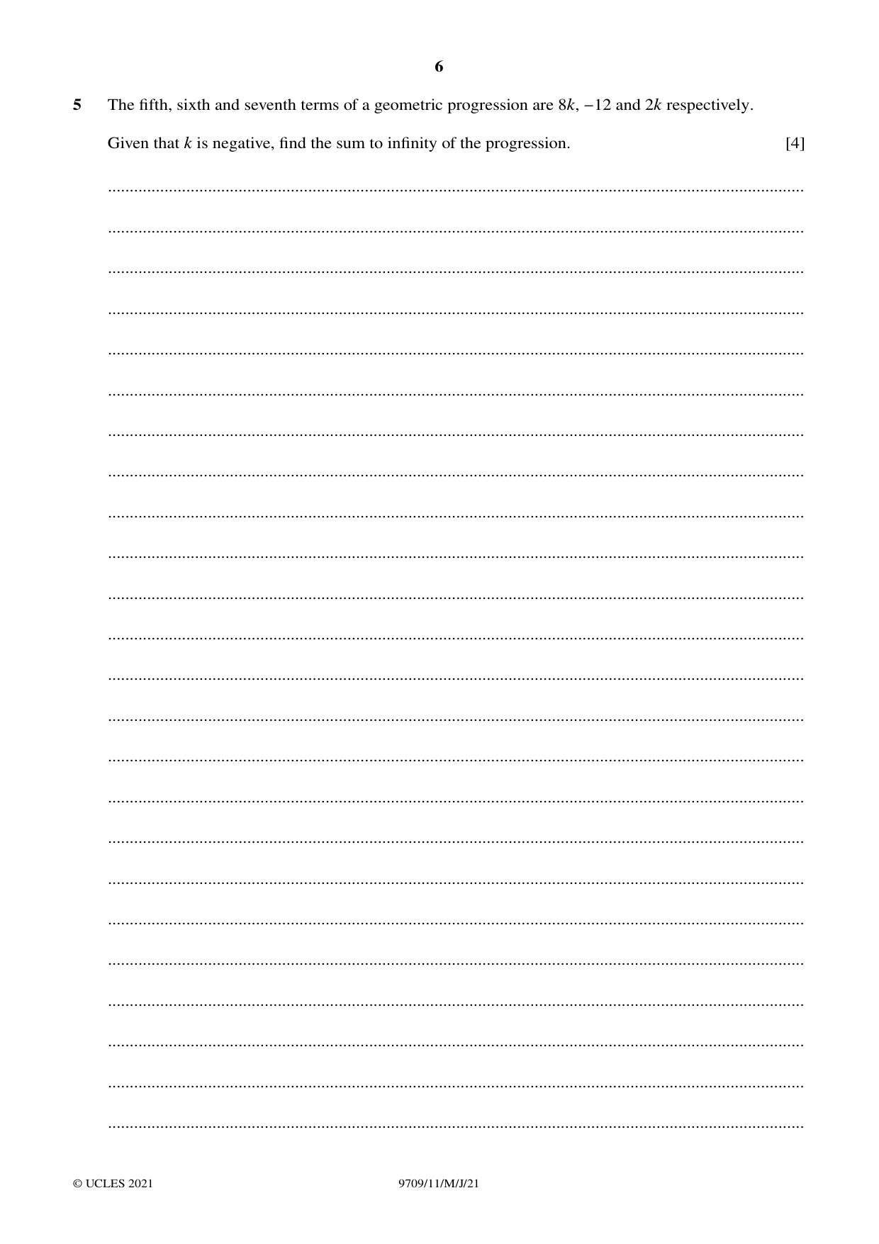 Cambridge A Level Mathematics 9709 2021 May/June Paper 1 · Variant 1 question paper, page 6 of 20