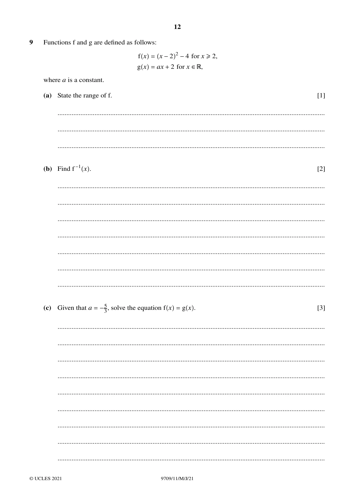 Cambridge A Level Mathematics 9709 2021 May/June Paper 1 · Variant 1 question paper, page 12 of 20