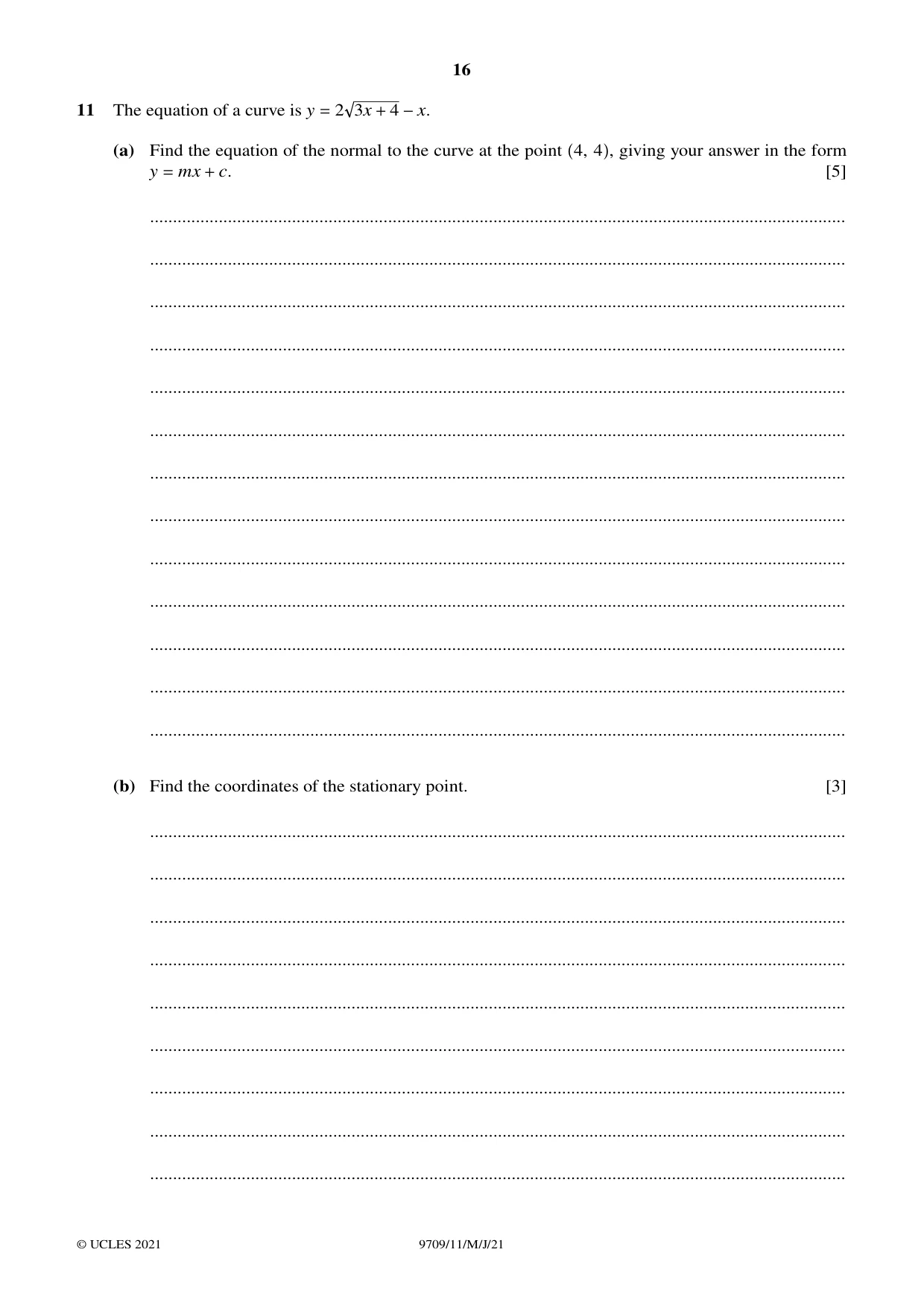 Cambridge A Level Mathematics 9709 2021 May/June Paper 1 · Variant 1 question paper, page 16 of 20