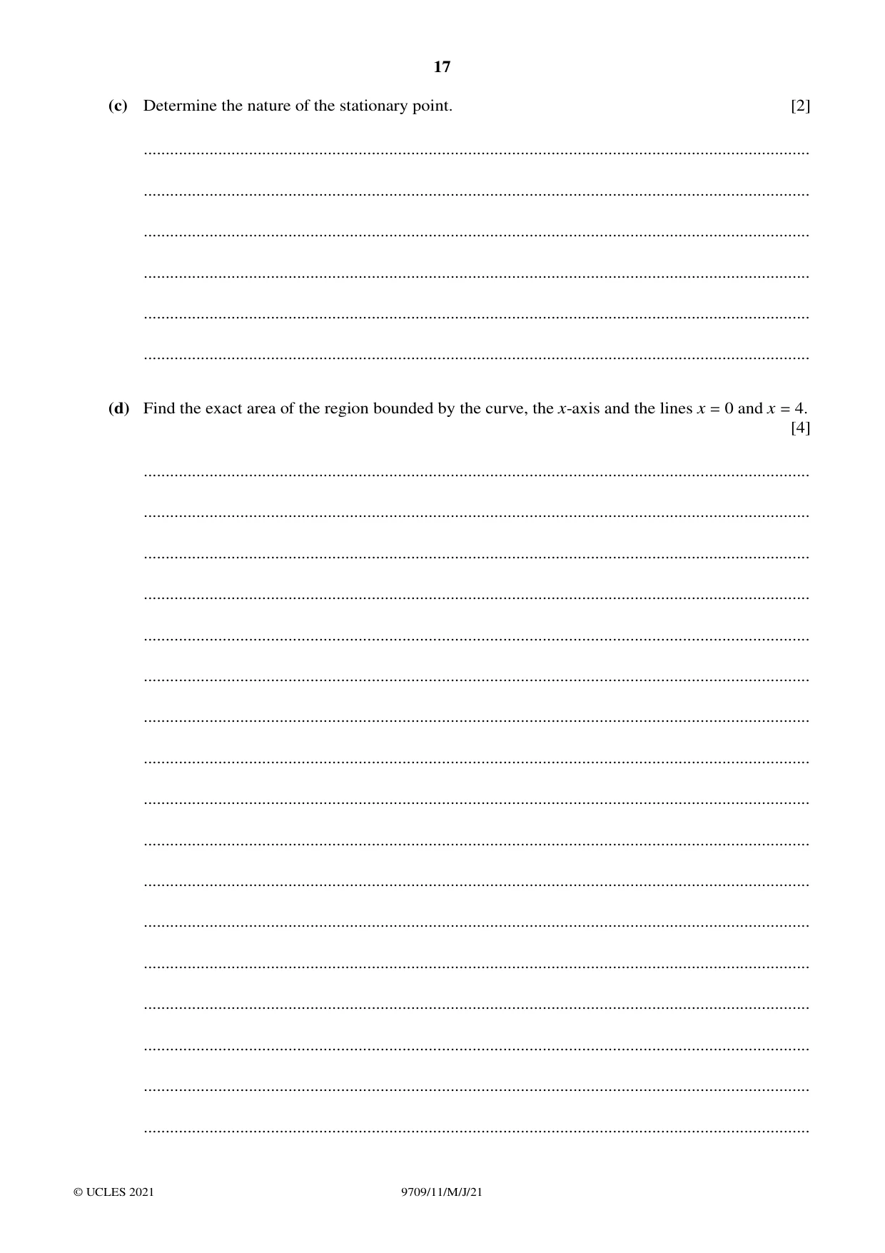 Cambridge A Level Mathematics 9709 2021 May/June Paper 1 · Variant 1 question paper, page 17 of 20