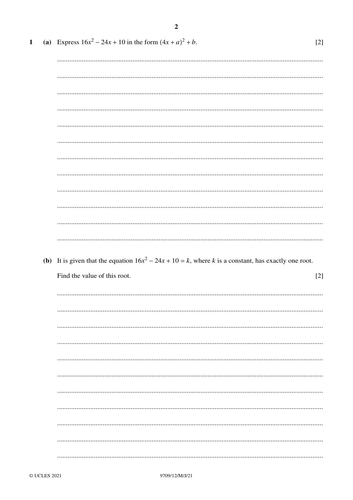 Cambridge A Level Mathematics 9709 2021 May/June Paper 1 · Variant 2 question paper, page 2 of 20