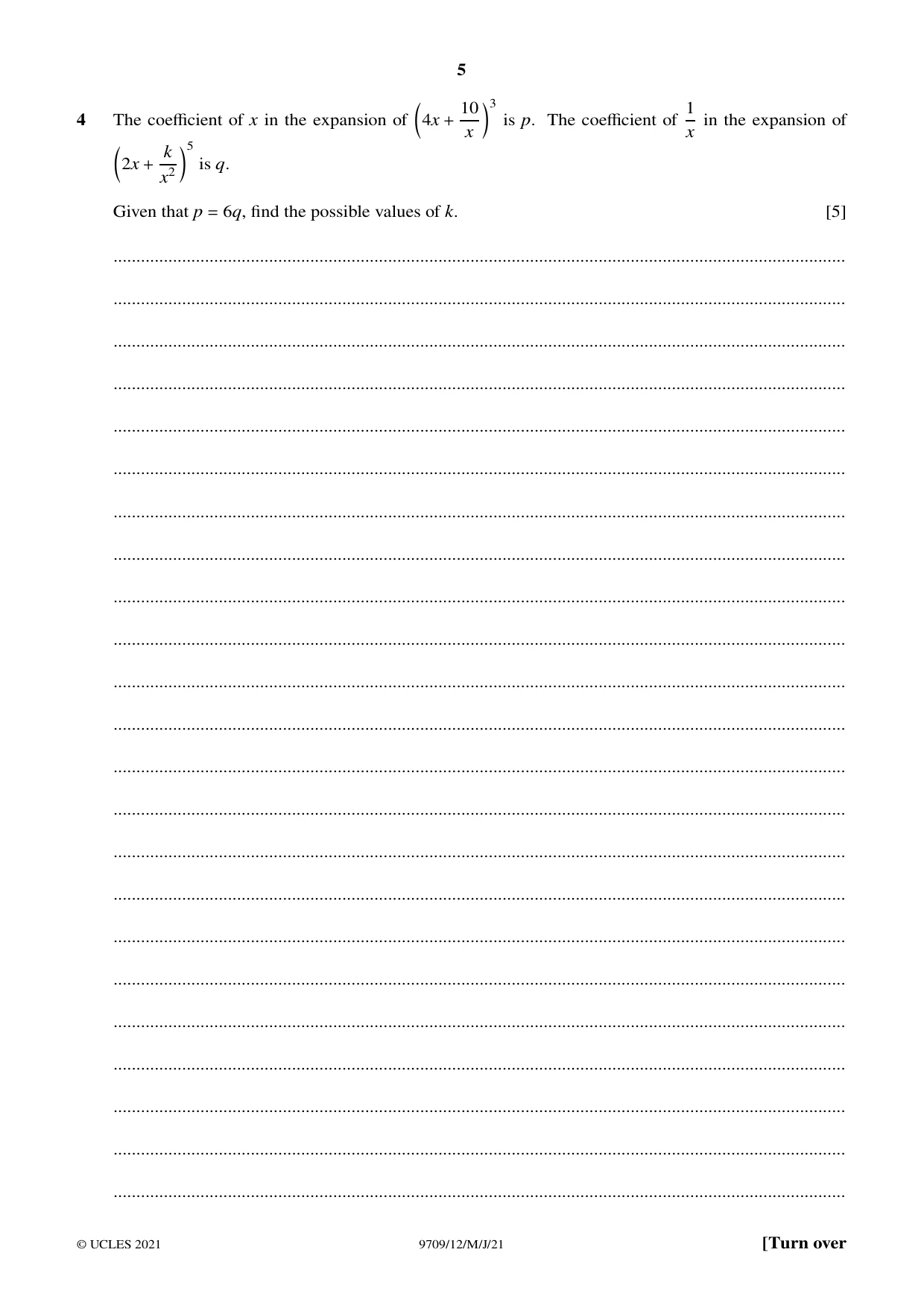 Cambridge A Level Mathematics 9709 2021 May/June Paper 1 · Variant 2 question paper, page 5 of 20