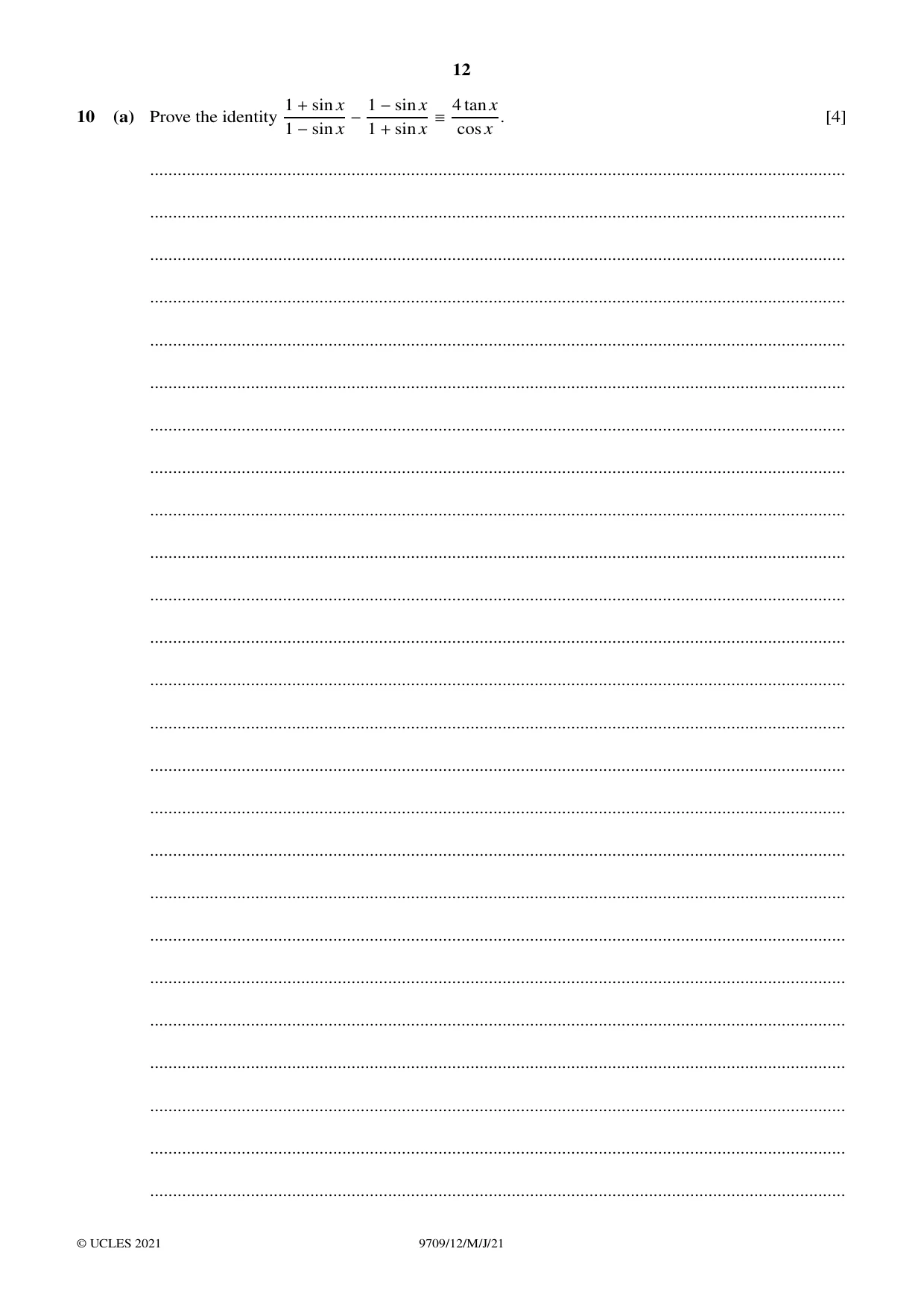 Cambridge A Level Mathematics 9709 2021 May/June Paper 1 · Variant 2 question paper, page 12 of 20