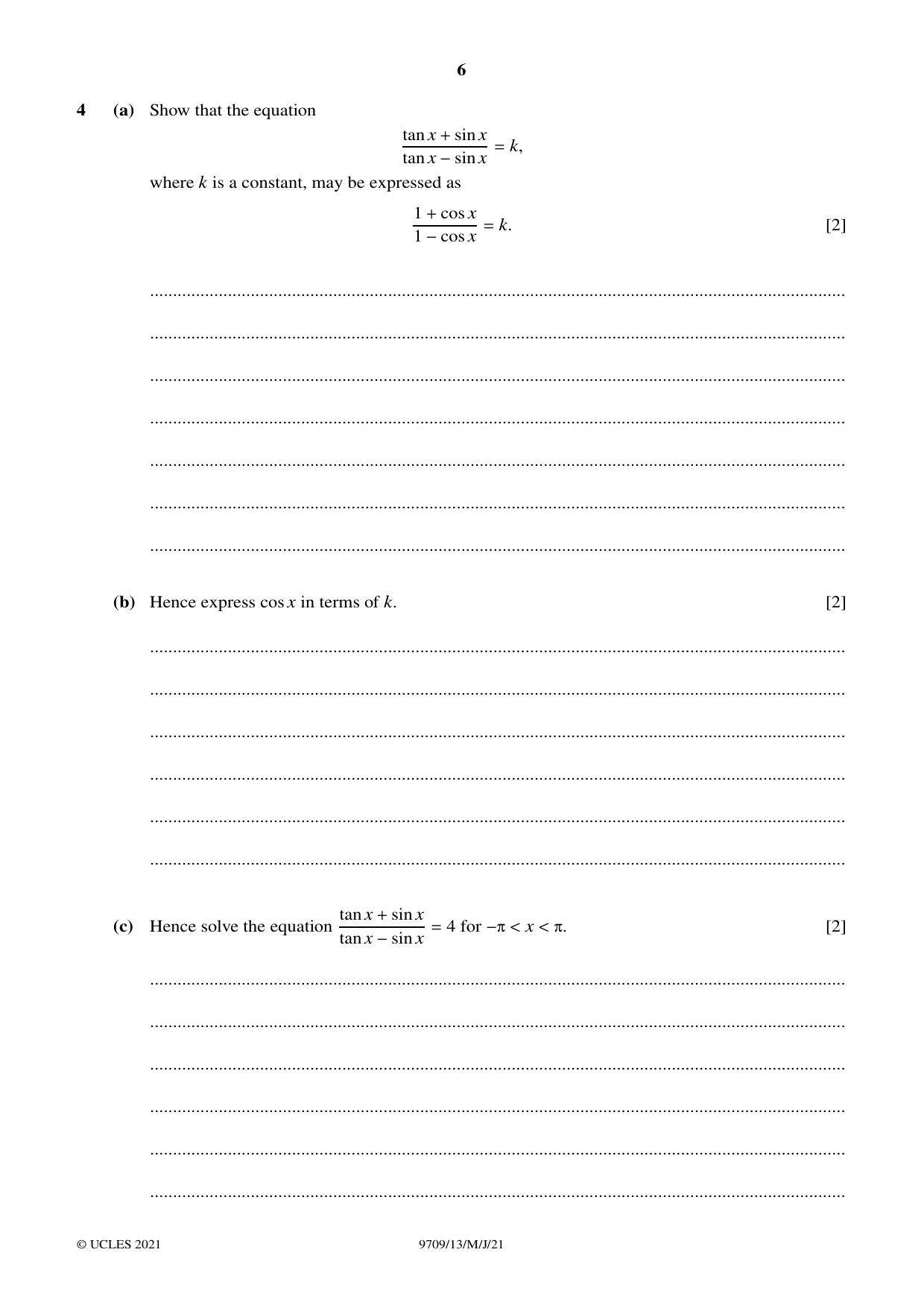Cambridge A Level Mathematics 9709 2021 May/June Paper 1 · Variant 3 question paper, page 6 of 20