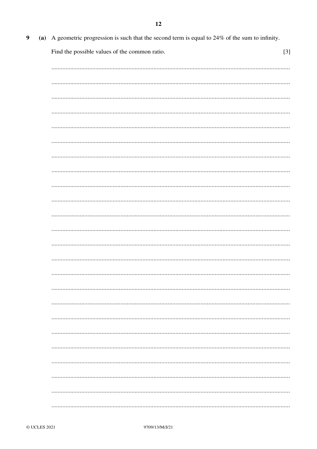 Cambridge A Level Mathematics 9709 2021 May/June Paper 1 · Variant 3 question paper, page 12 of 20
