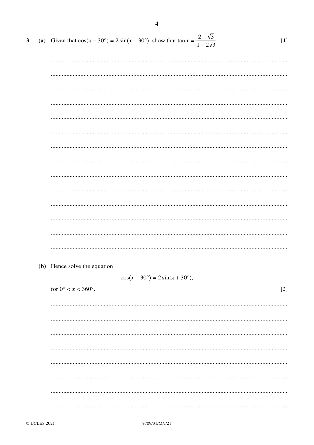 Cambridge A Level Mathematics 9709 2021 May/June Paper 3 · Variant 1 question paper, page 4 of 20