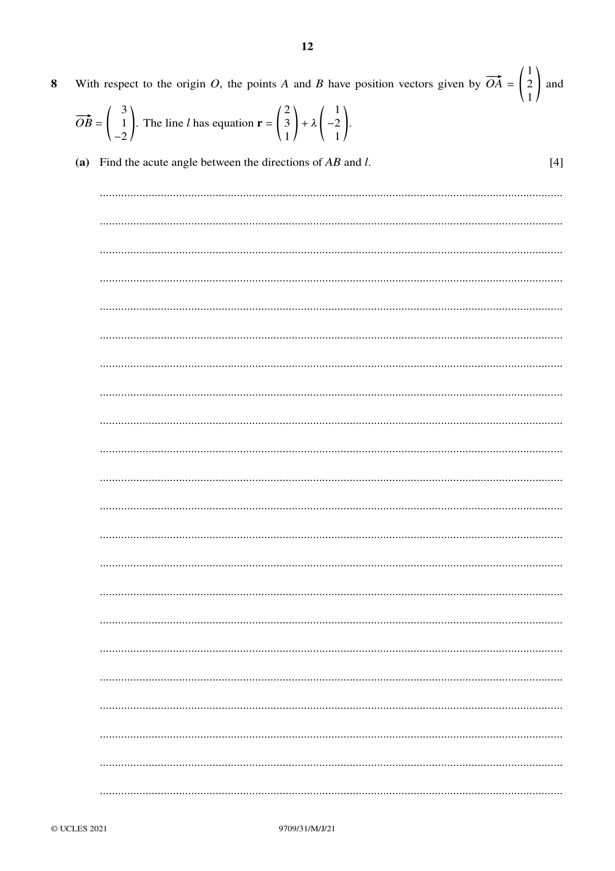 Cambridge A Level Mathematics 9709 2021 May/June Paper 3 · Variant 1 question paper, page 12 of 20