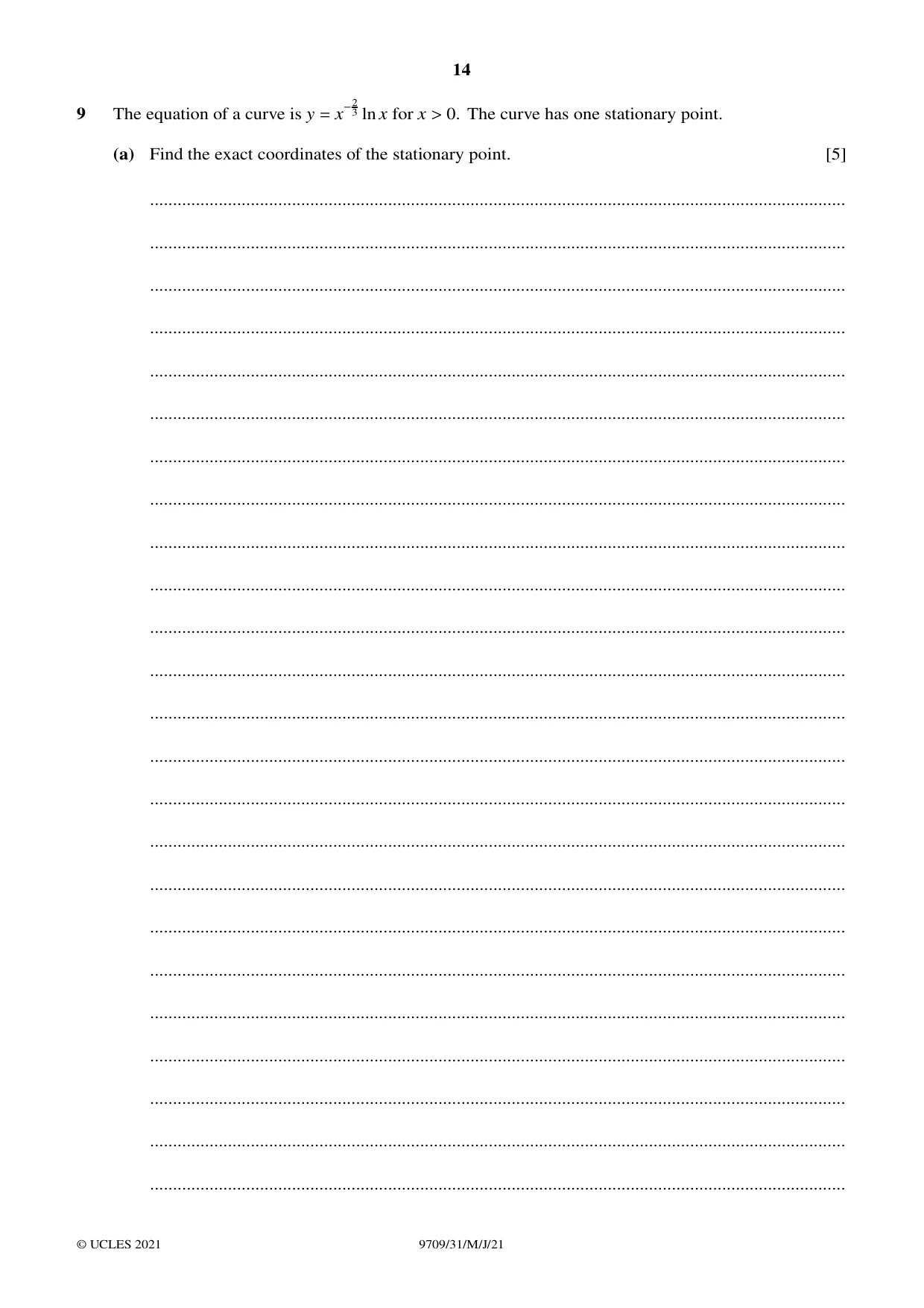 Cambridge A Level Mathematics 9709 2021 May/June Paper 3 · Variant 1 question paper, page 14 of 20